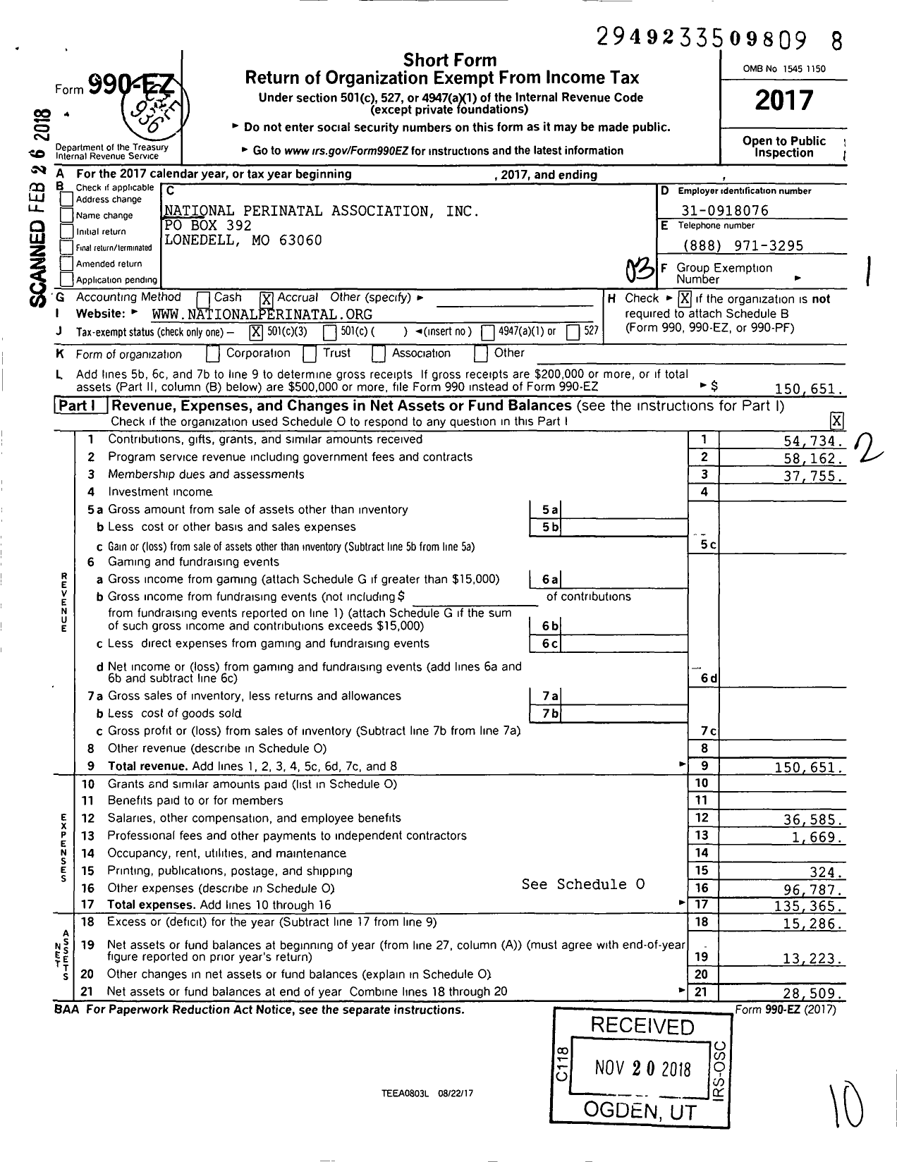 Image of first page of 2017 Form 990EZ for National Perinatal Association