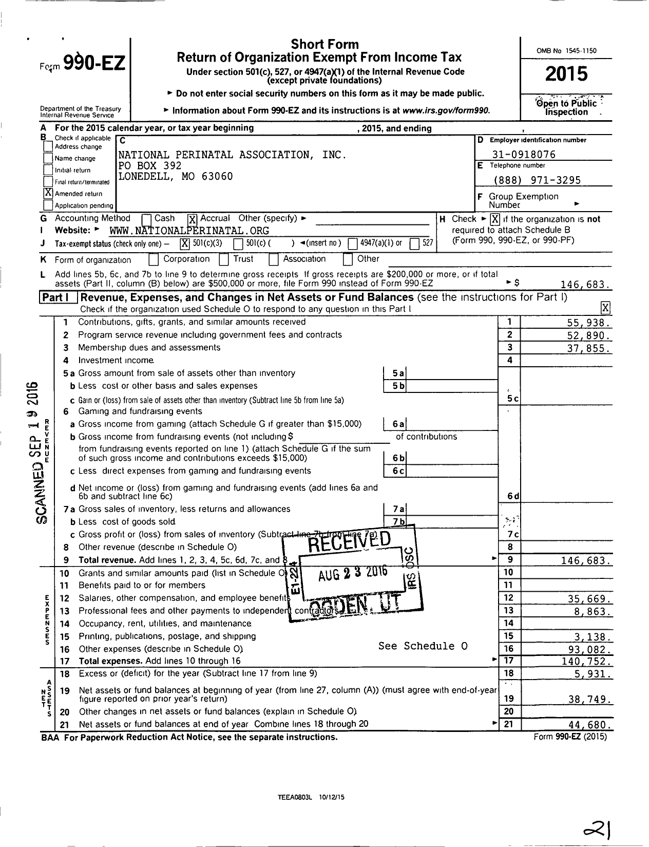 Image of first page of 2015 Form 990EZ for National Perinatal Association