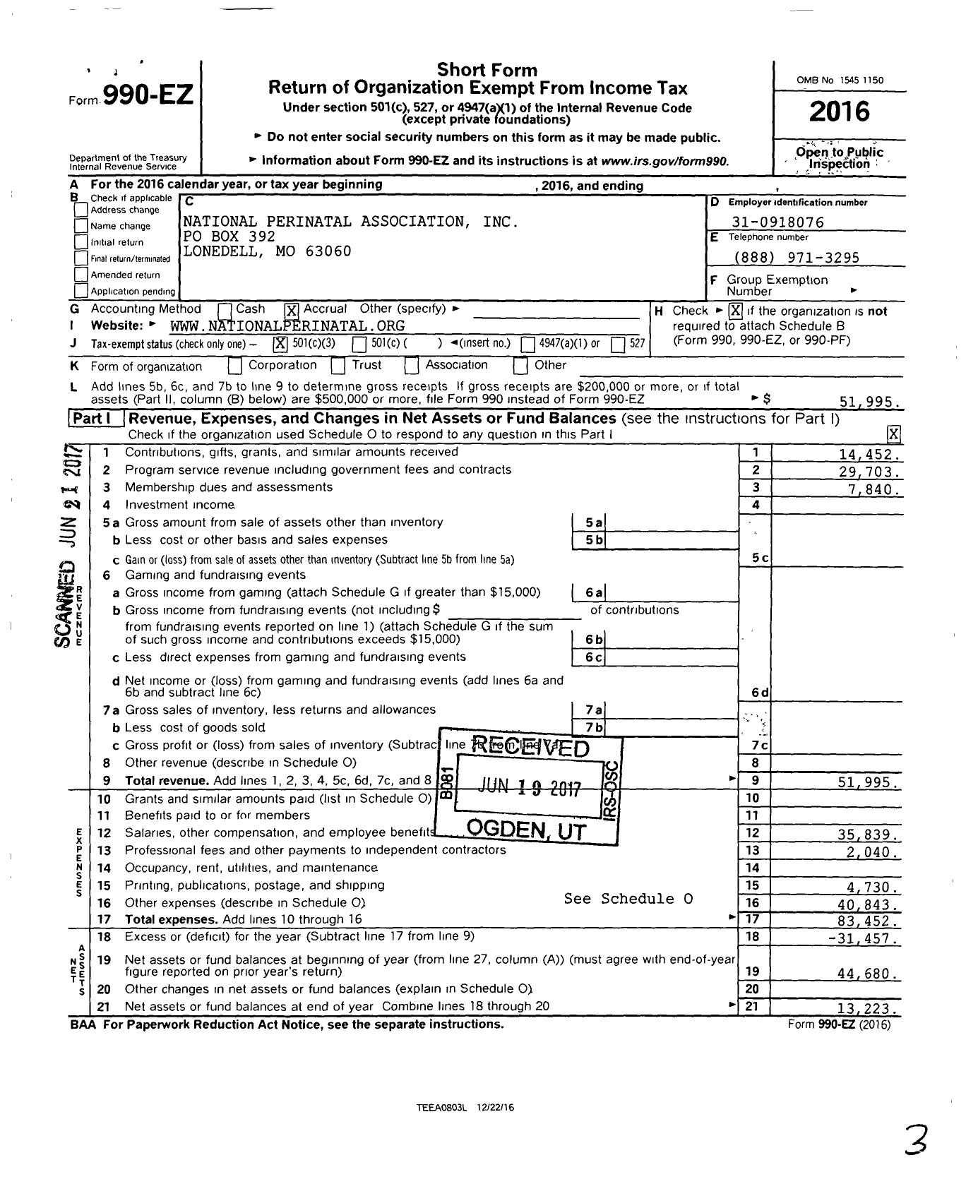 Image of first page of 2016 Form 990EZ for National Perinatal Association