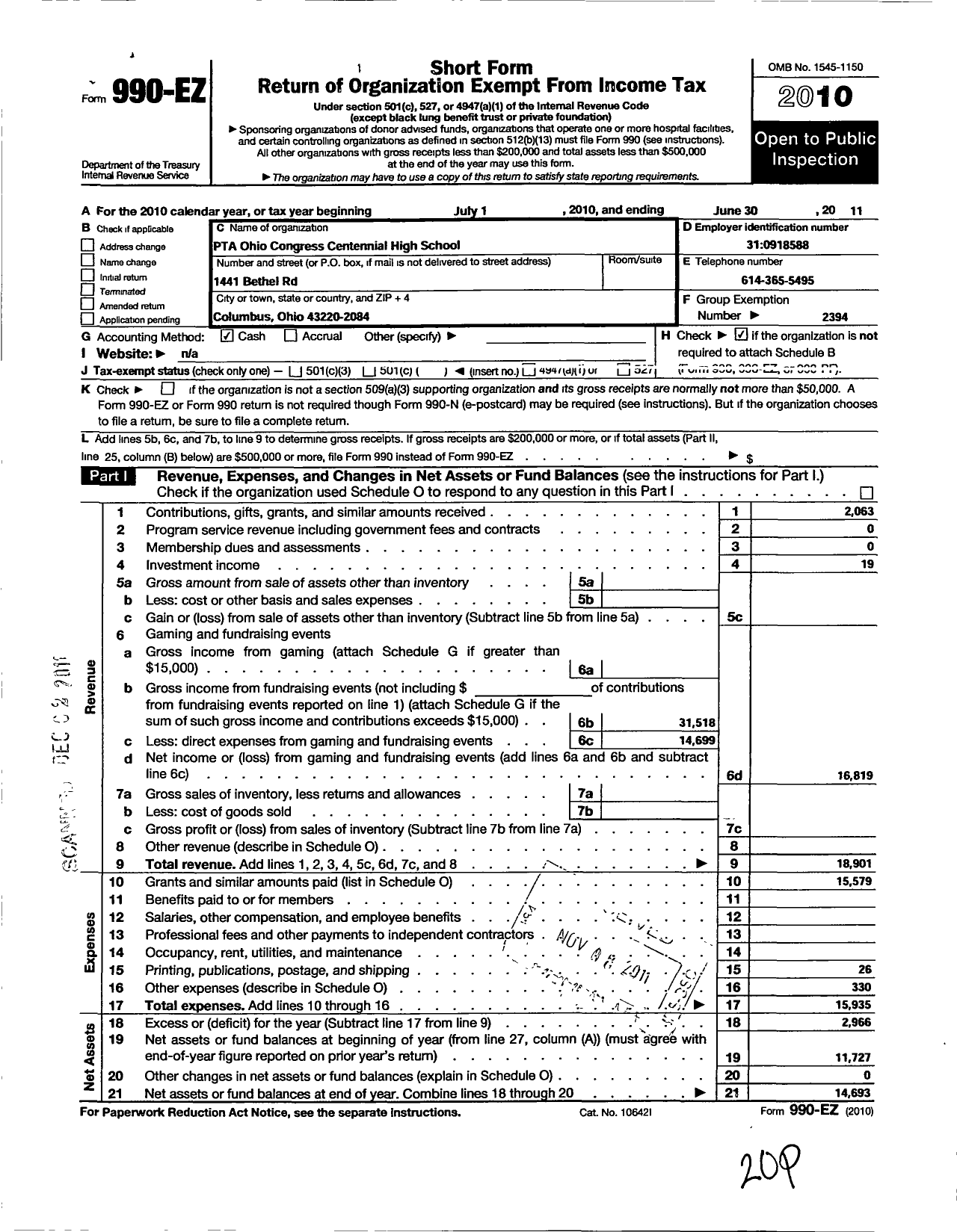 Image of first page of 2010 Form 990EZ for Ohio PTA Centennial SR PTA