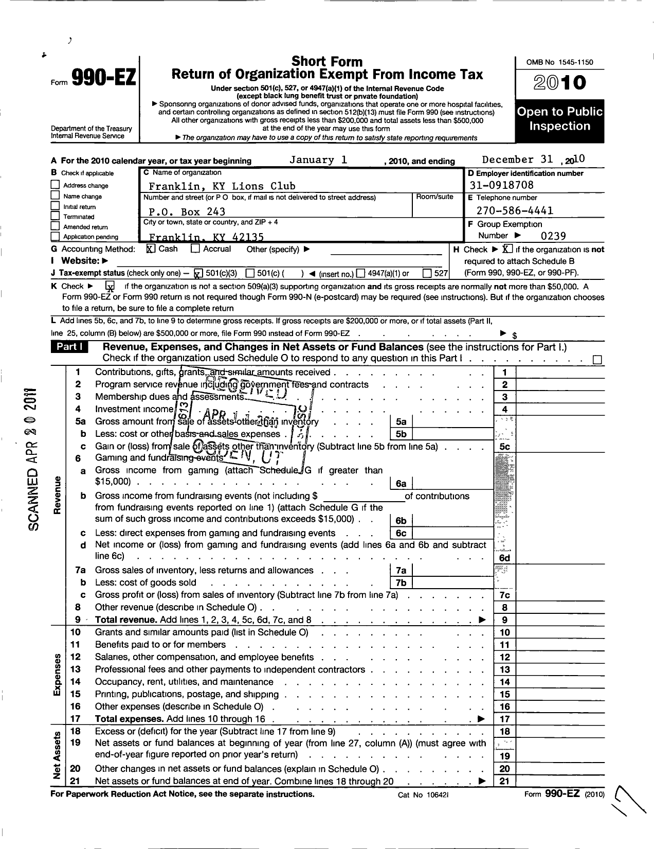 Image of first page of 2010 Form 990EZ for Lions Clubs - 13965 Franklin