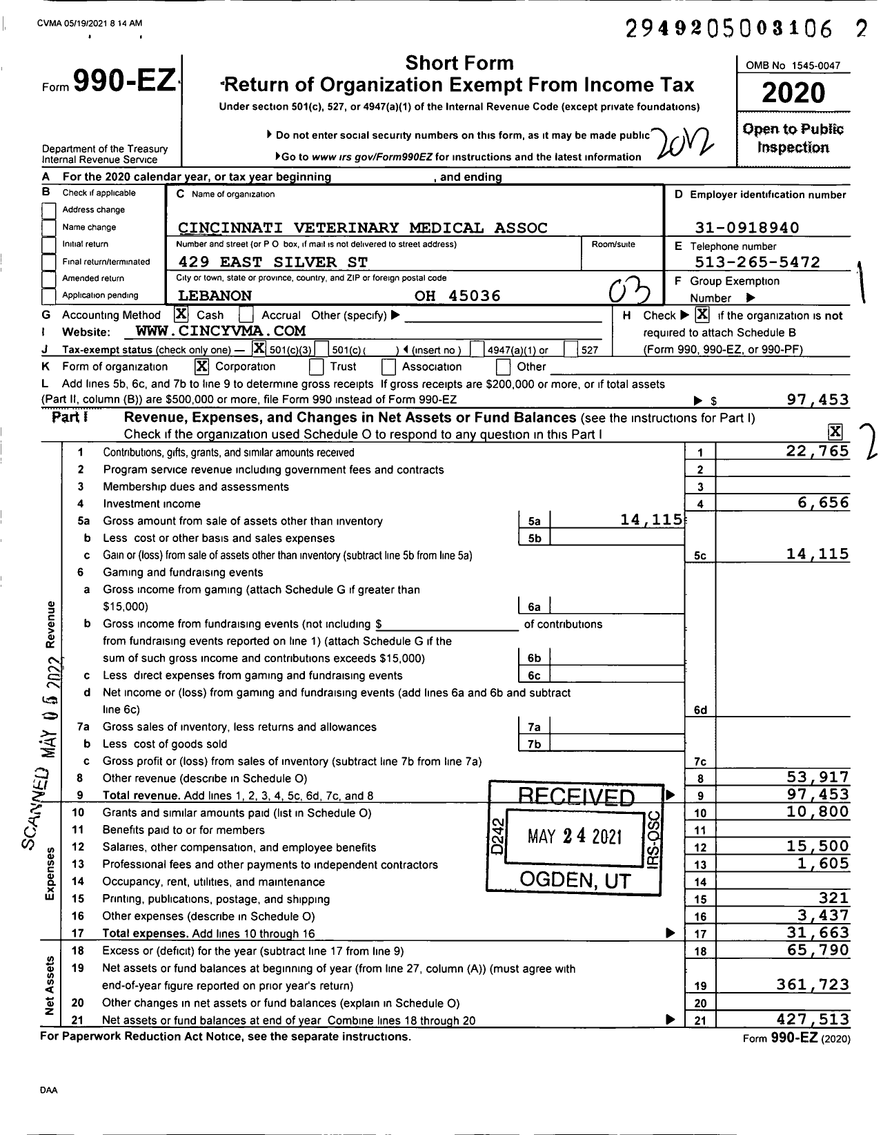 Image of first page of 2020 Form 990EZ for Cincinnati Veterinary Medical Association