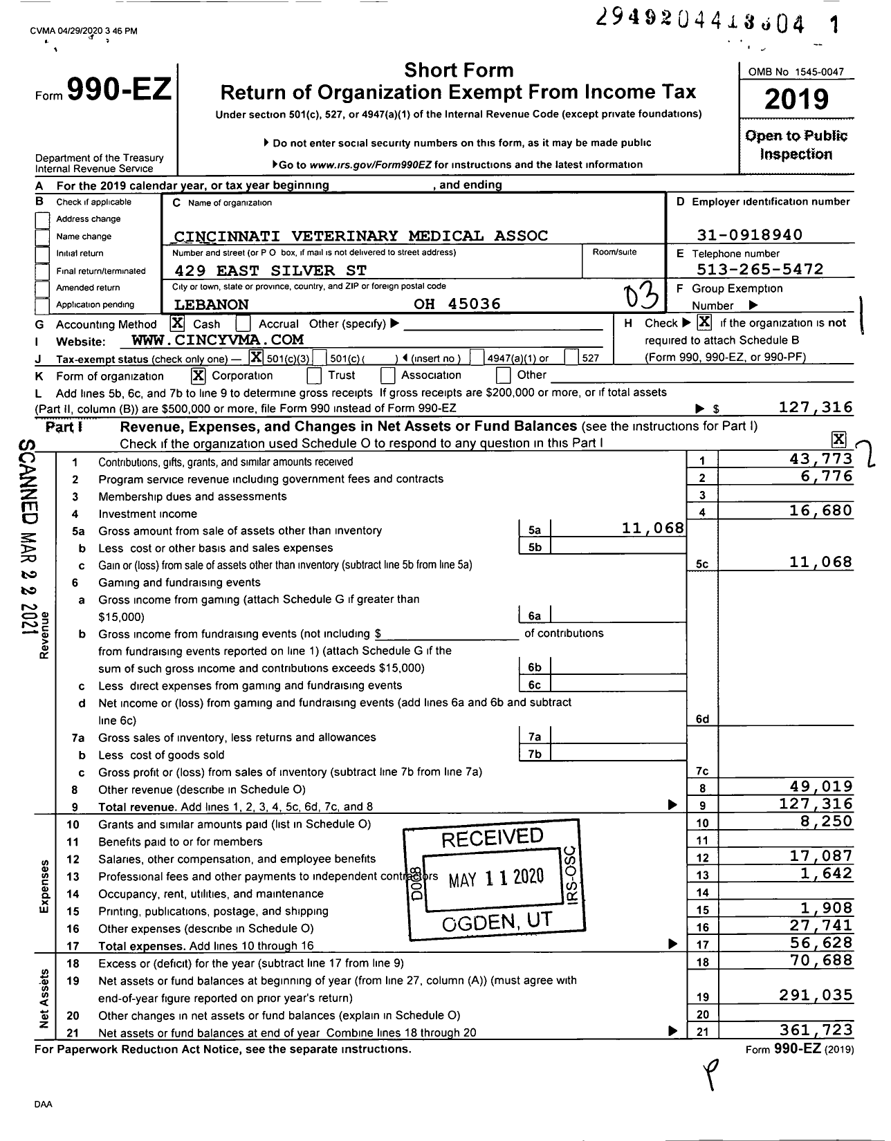 Image of first page of 2019 Form 990EZ for Cincinnati Veterinary Medical Association