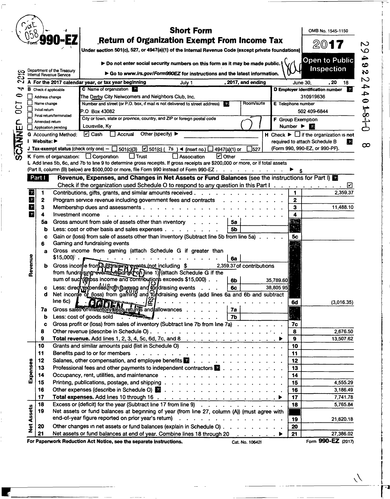 Image of first page of 2017 Form 990EO for Newcomers Club of Louisville Kentucky