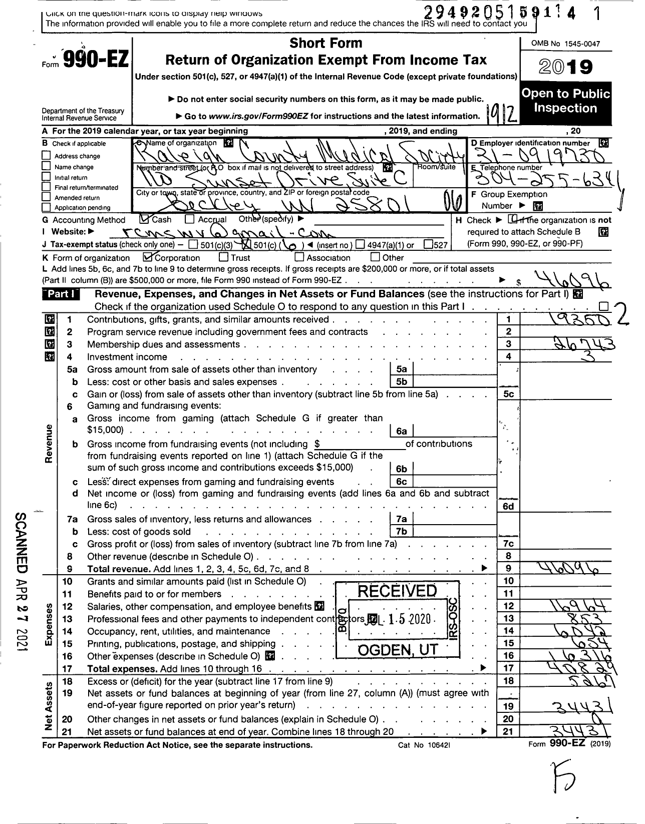 Image of first page of 2019 Form 990EO for Raleigh County Medical Society