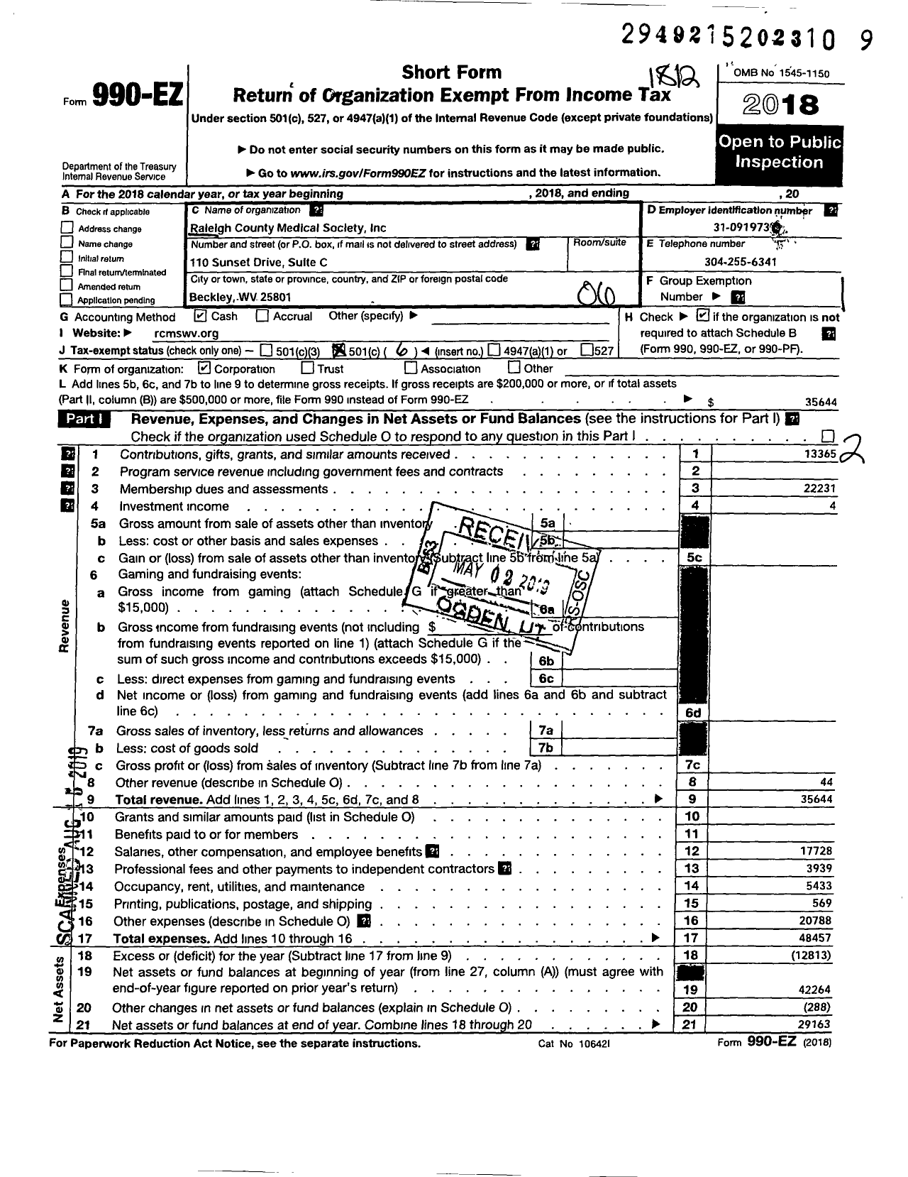 Image of first page of 2018 Form 990EO for Raleigh County Medical Society