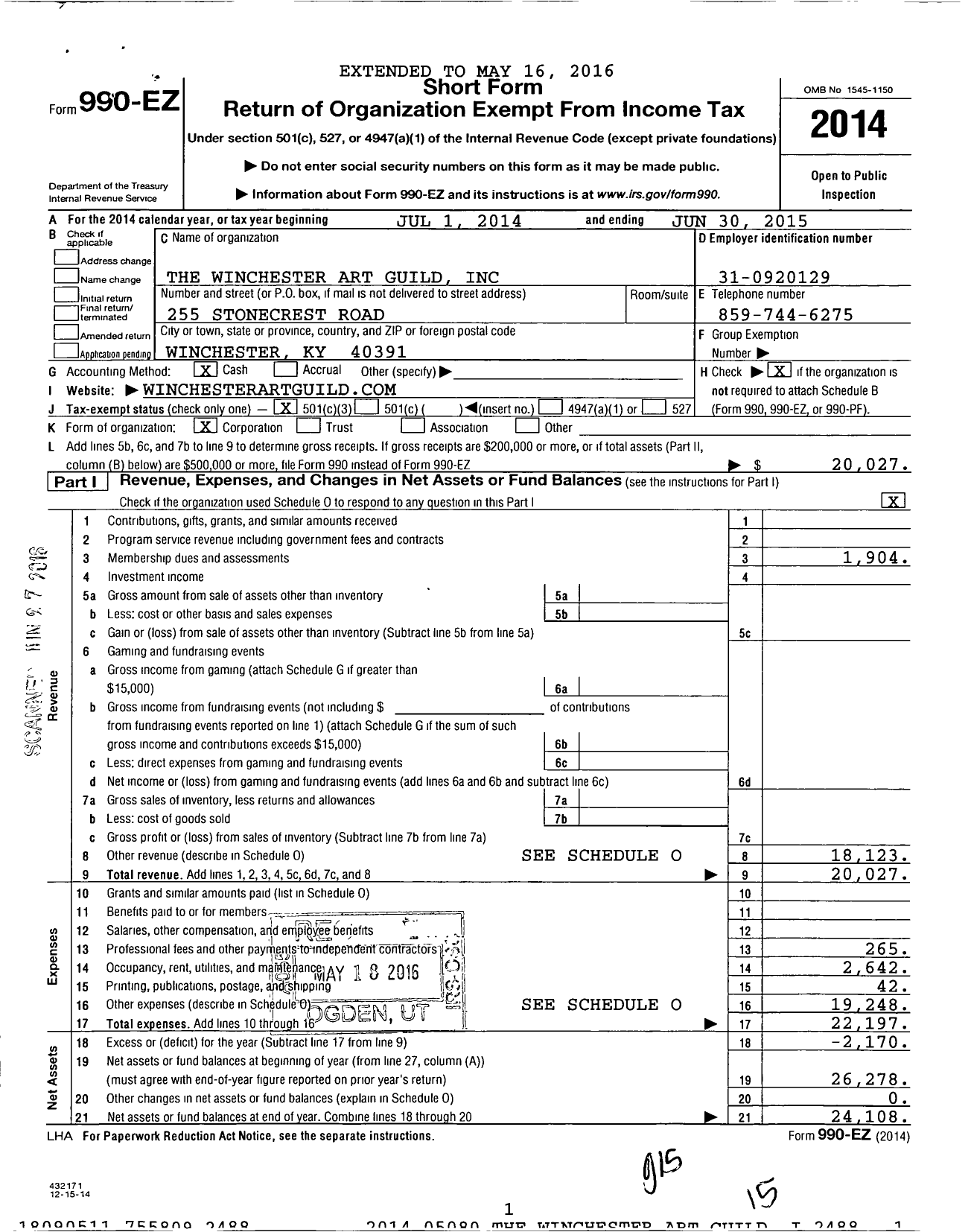 Image of first page of 2014 Form 990EZ for The Winchester Art Guild