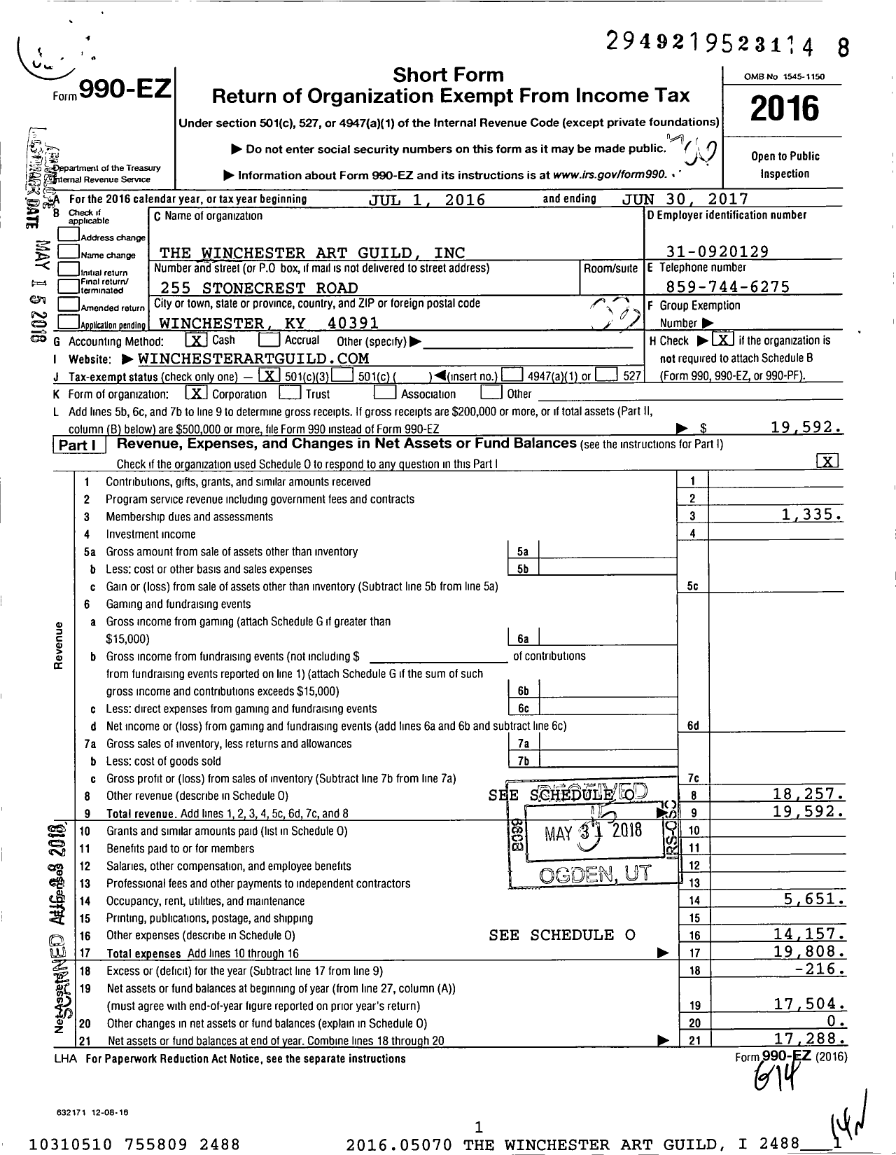 Image of first page of 2016 Form 990EZ for The Winchester Art Guild