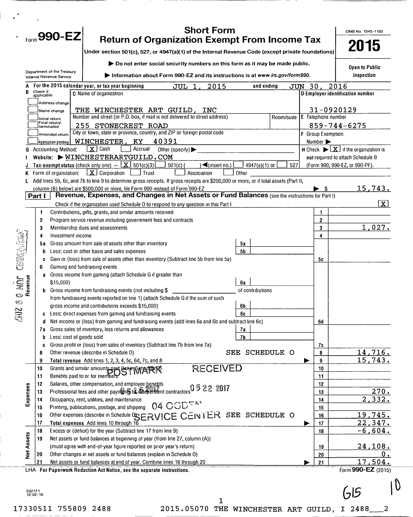 Image of first page of 2015 Form 990EZ for The Winchester Art Guild