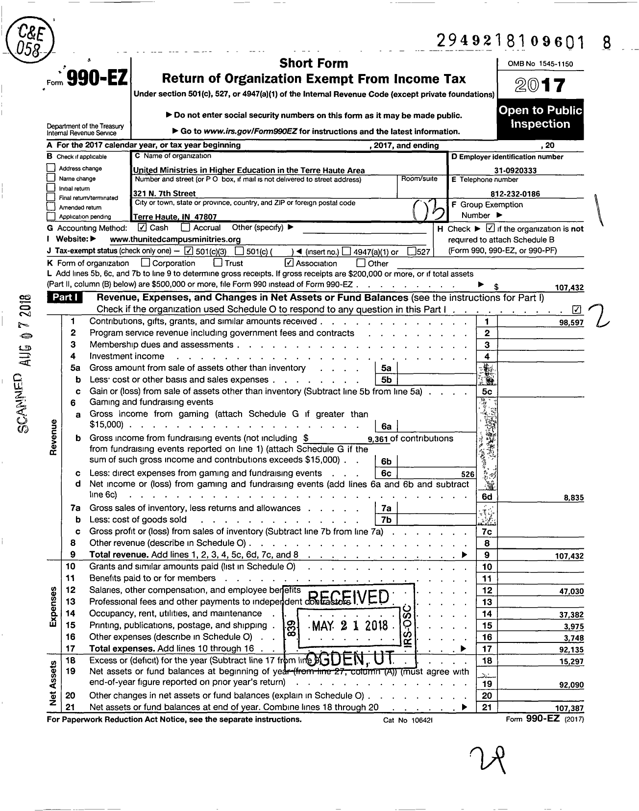 Image of first page of 2017 Form 990EZ for United Ministries in Higher Education in the Terre Haute Area