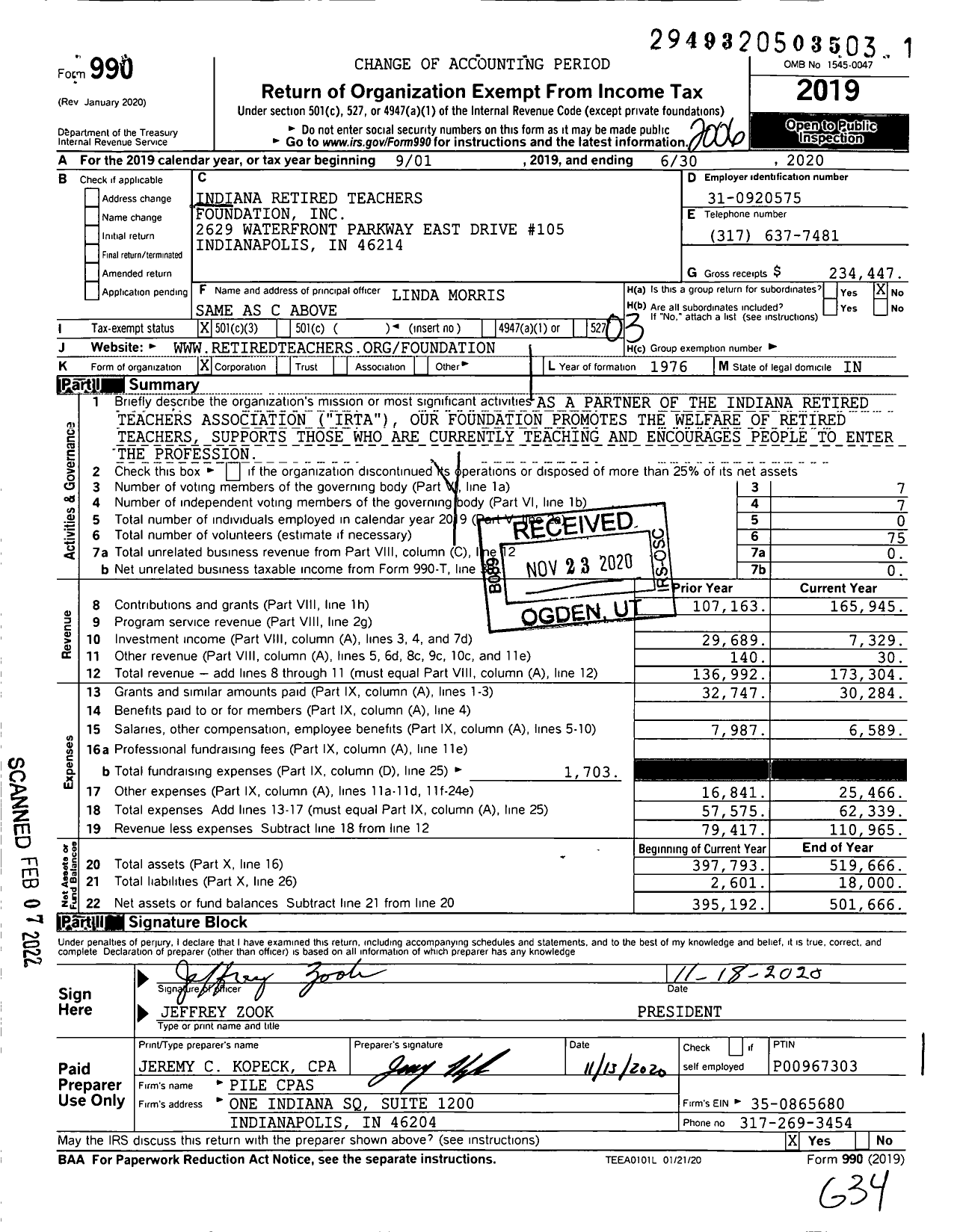 Image of first page of 2019 Form 990 for Indiana Retired Teachers Association Foundation