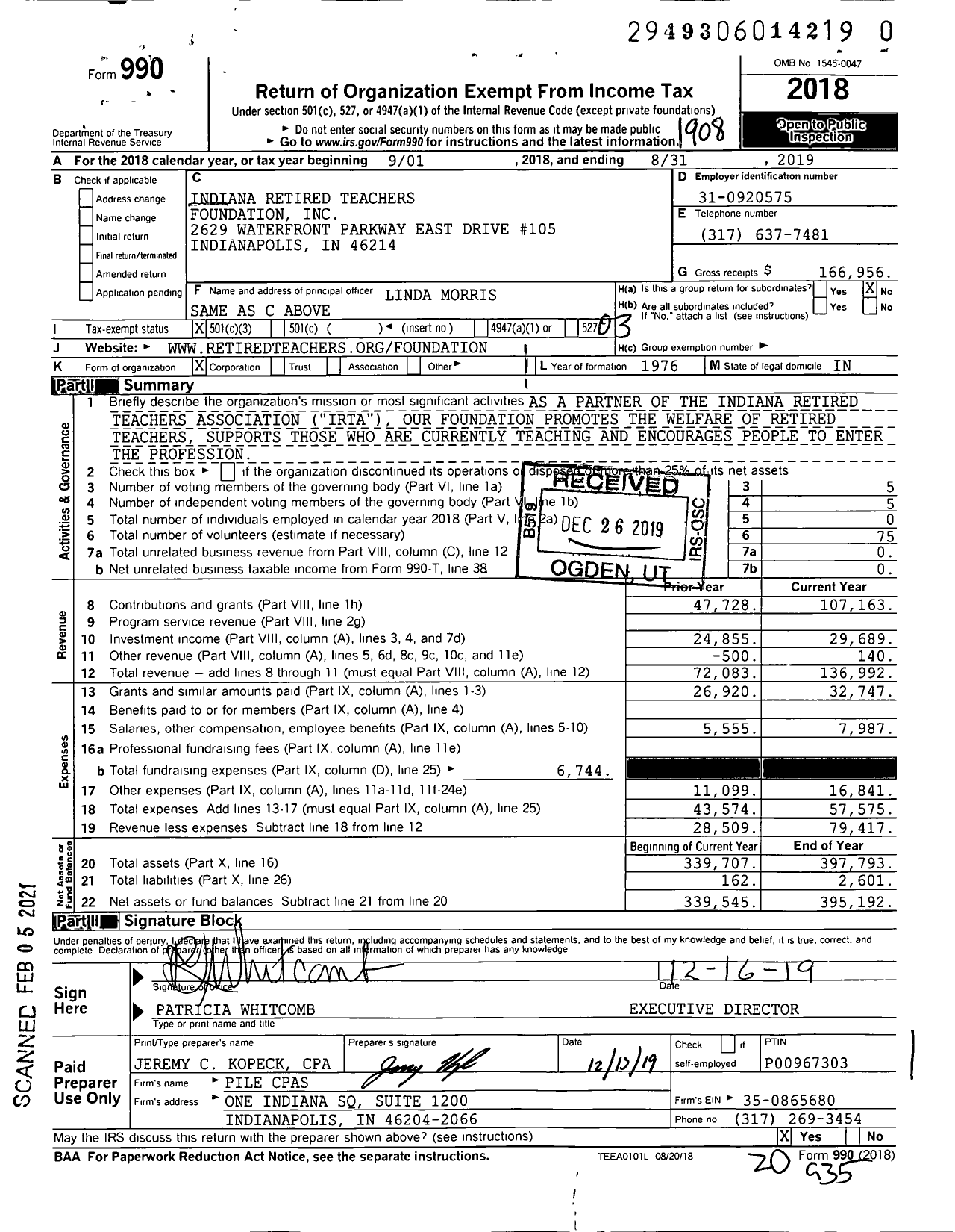 Image of first page of 2018 Form 990 for Indiana Retired Teachers Association Foundation
