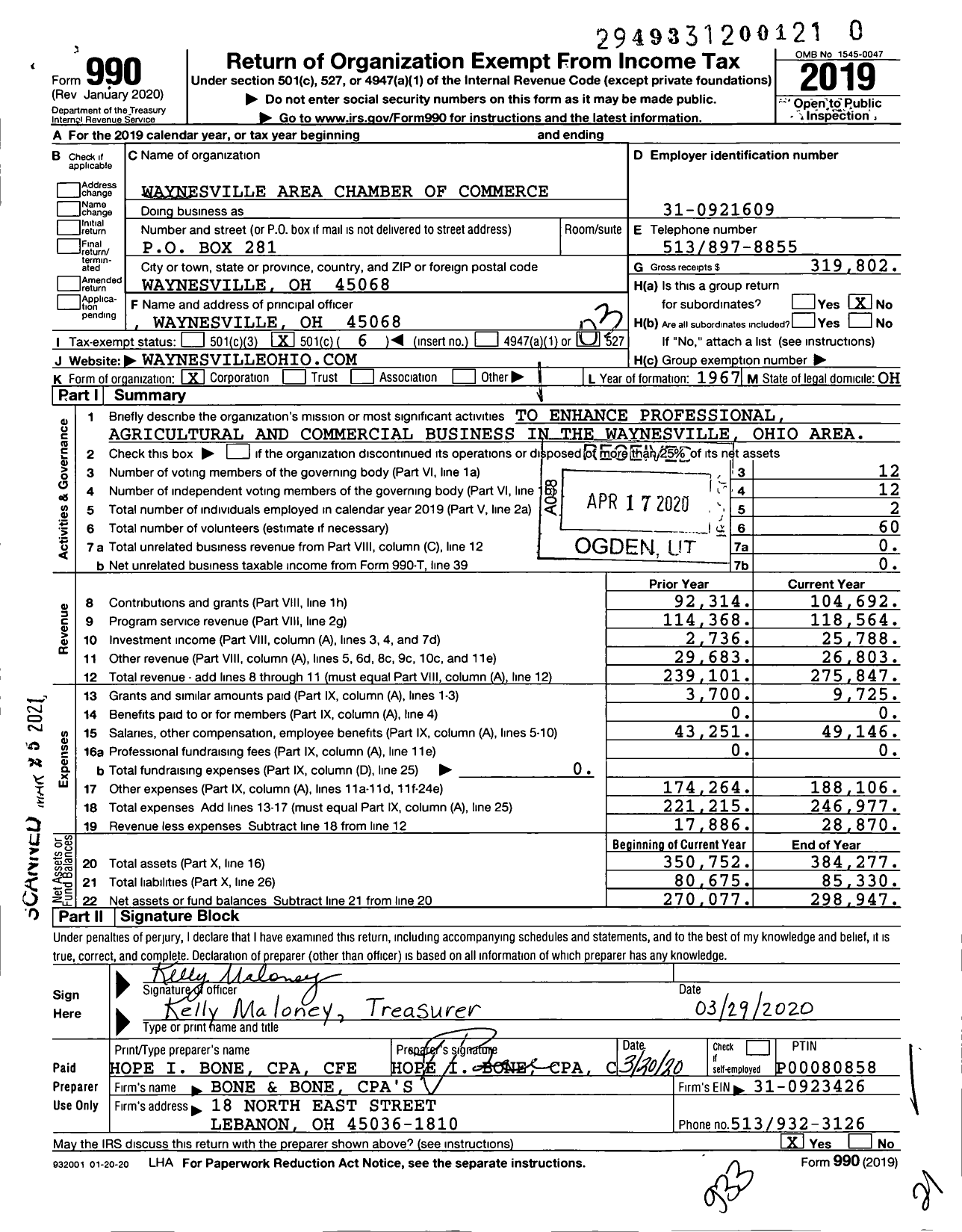 Image of first page of 2019 Form 990 for Waynesville Area Chamber of Commerce