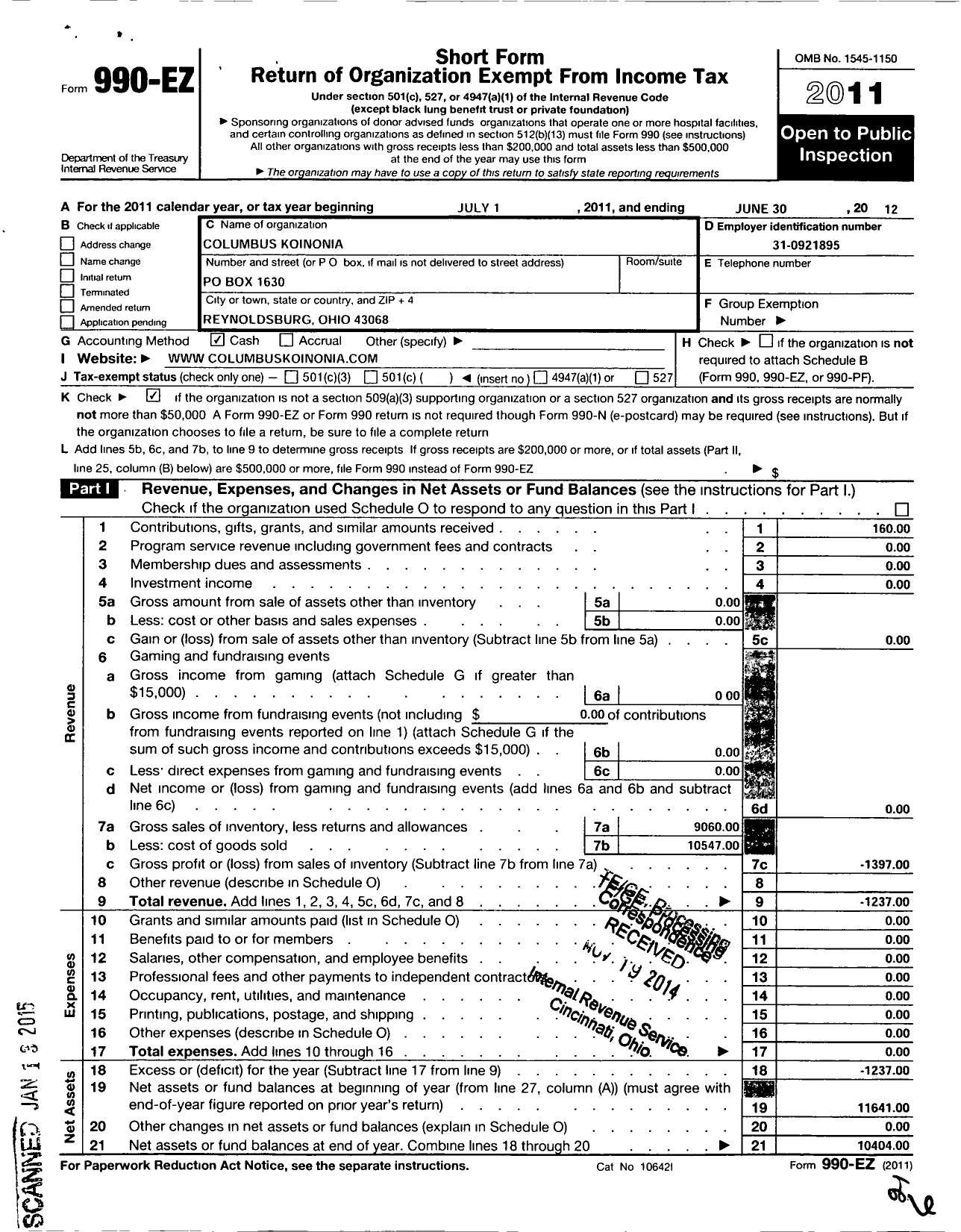 Image of first page of 2011 Form 990EO for Columbus Koinonia