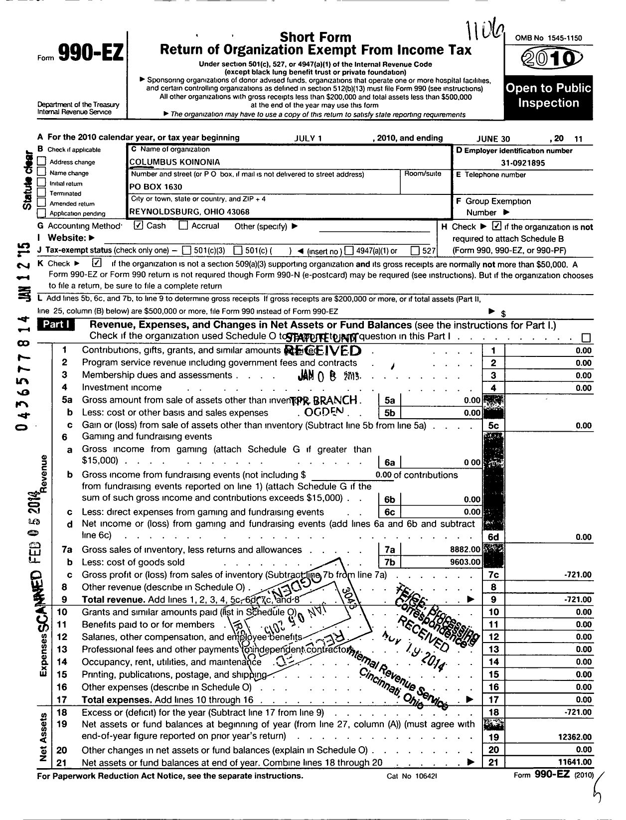 Image of first page of 2010 Form 990EO for Columbus Koinonia