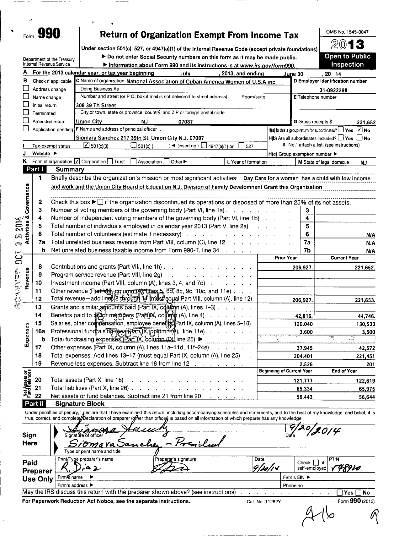 Image of first page of 2013 Form 990 for National Association of Cuban American Women of USA