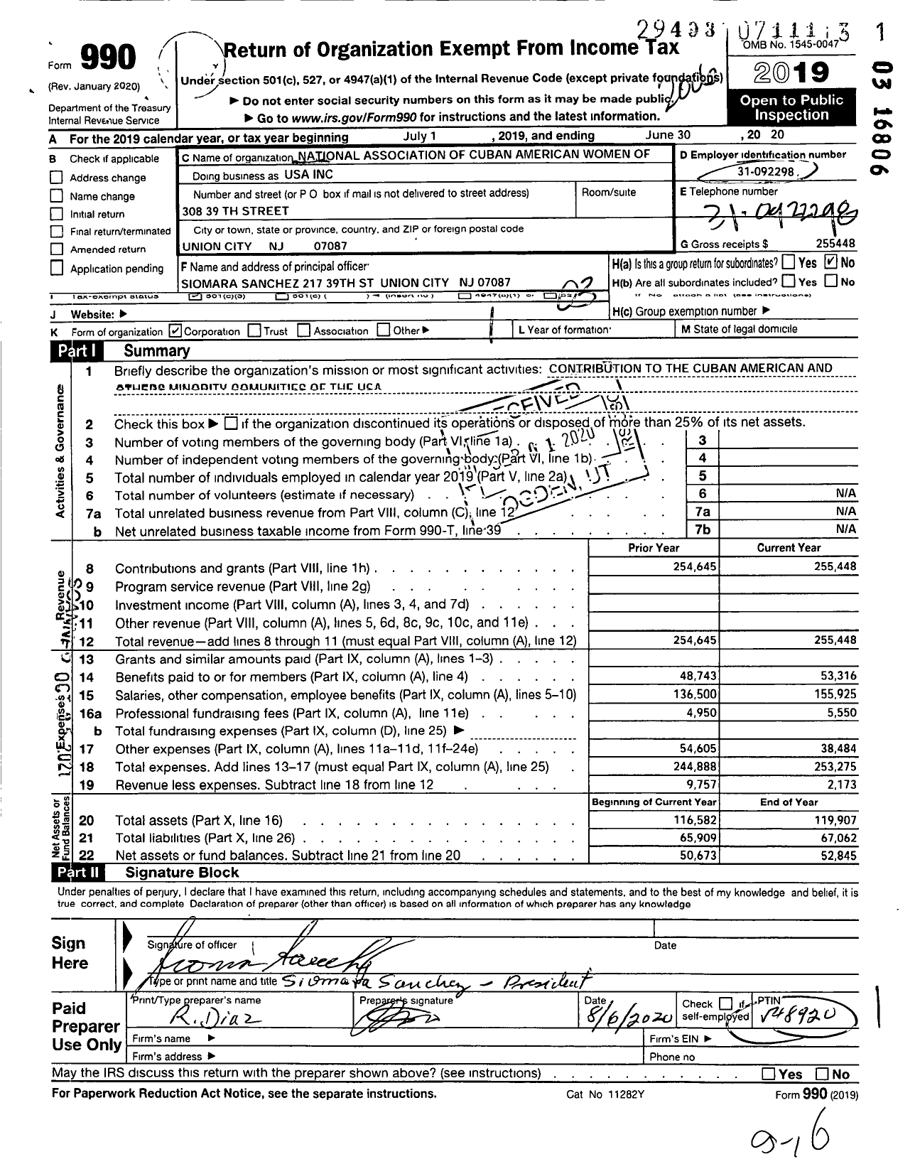 Image of first page of 2019 Form 990 for National Association of Cuban American Women of USA