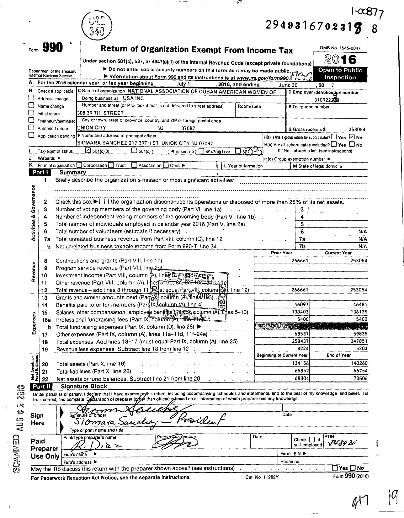 Image of first page of 2016 Form 990 for National Association of Cuban American Women of USA