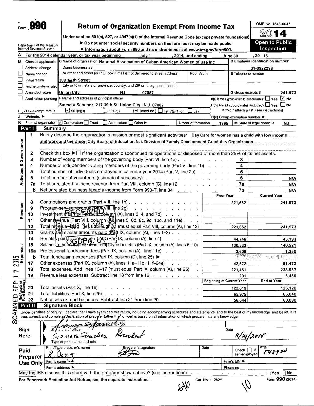 Image of first page of 2014 Form 990 for National Association of Cuban American Women of USA