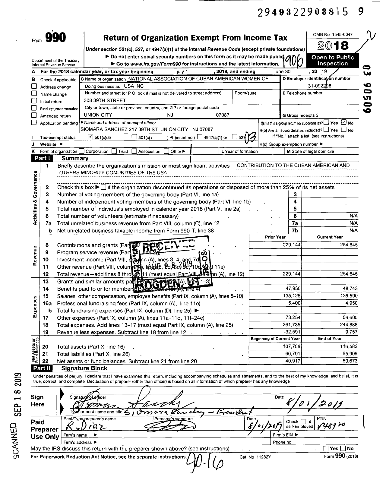 Image of first page of 2018 Form 990 for National Association of Cuban American Women of USA