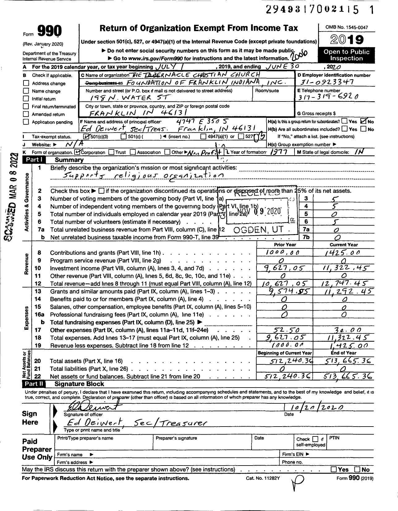 Image of first page of 2019 Form 990 for The Tabernacle Christian Church Foundation of Franklin