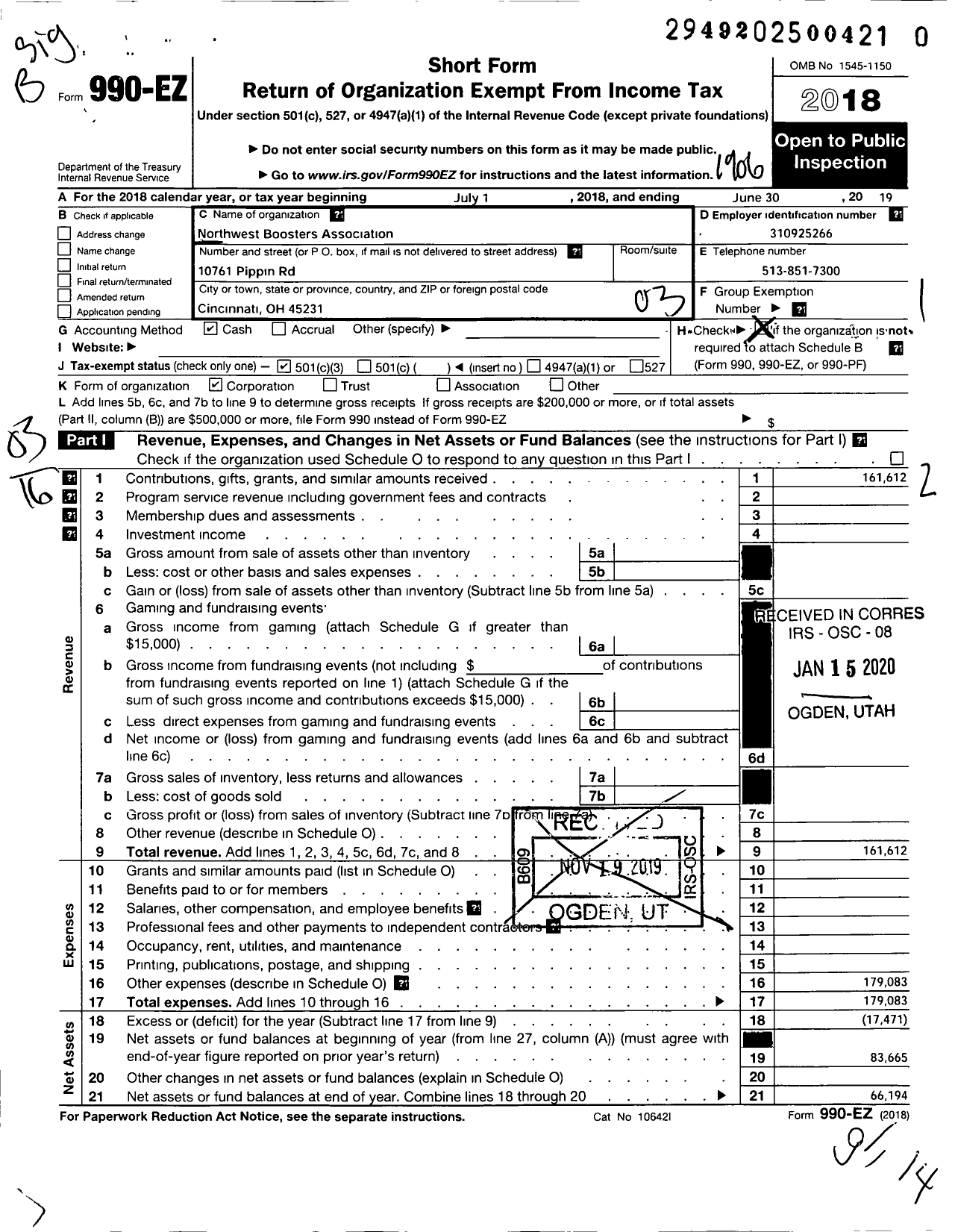 Image of first page of 2018 Form 990EZ for Northwest Boosters Association