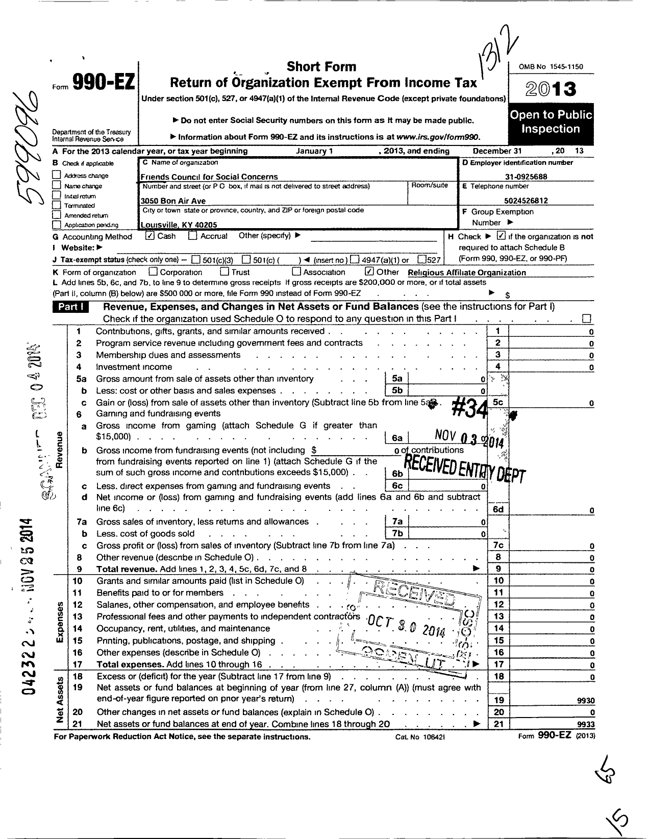 Image of first page of 2013 Form 990EO for Friends Council for Social Concerns