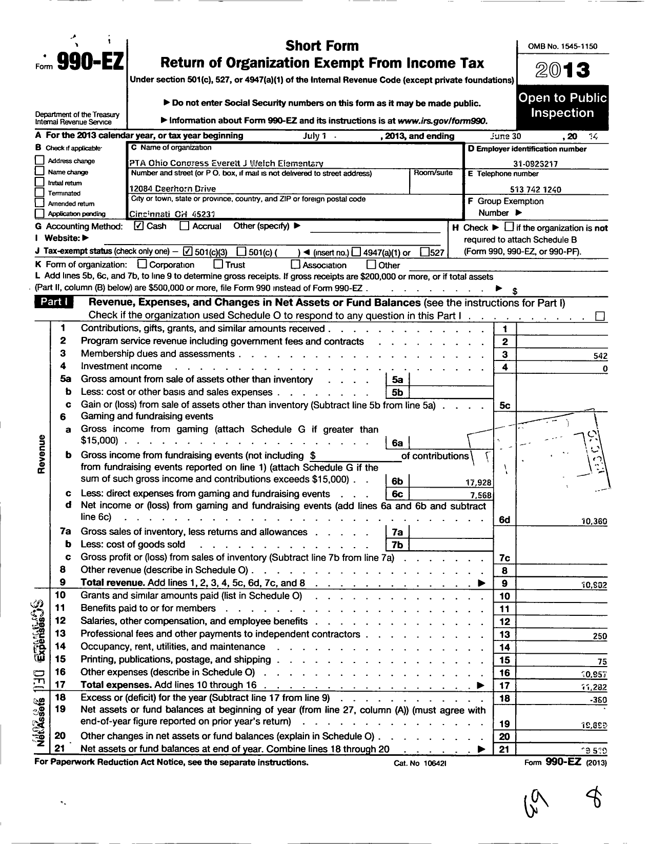 Image of first page of 2013 Form 990EZ for PTA Ohio Congress / Everett J Welch Elementary