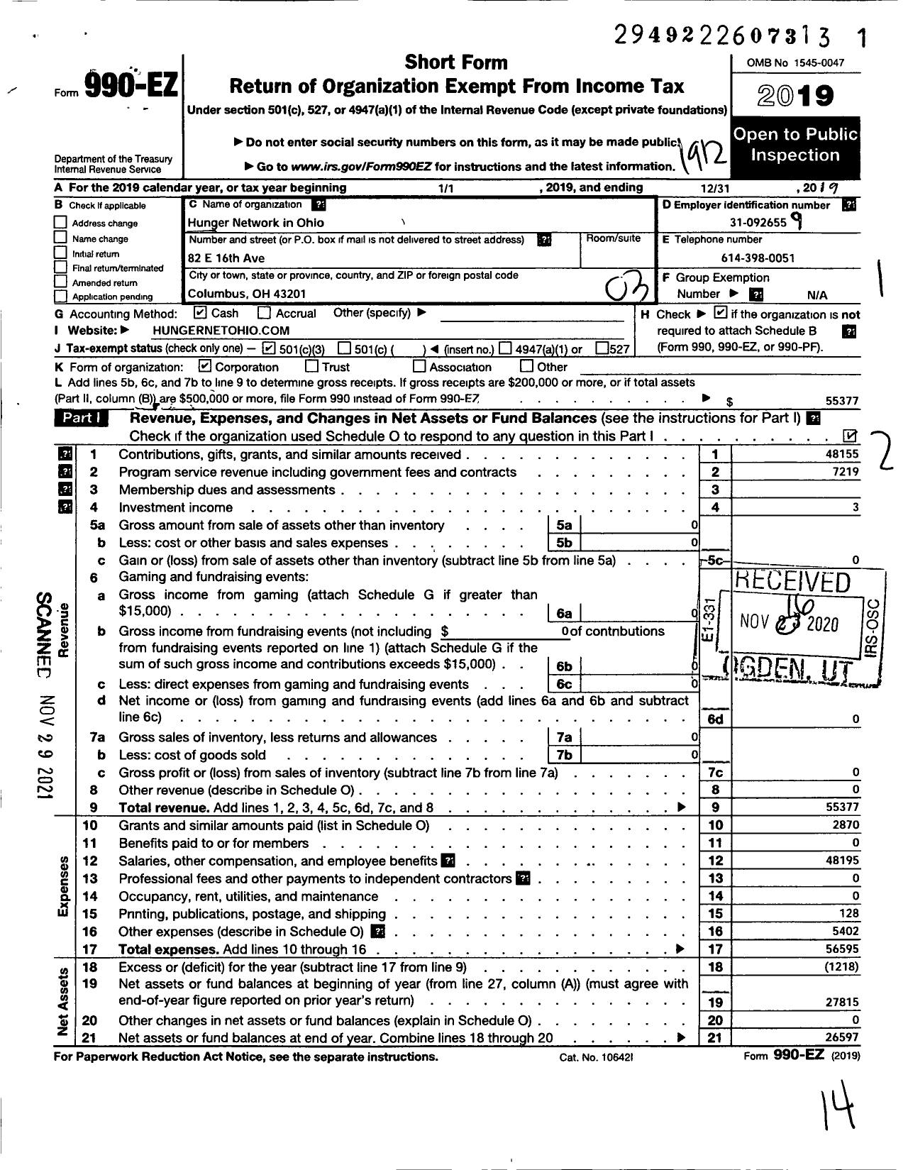 Image of first page of 2019 Form 990EZ for Hunger Network in Ohio
