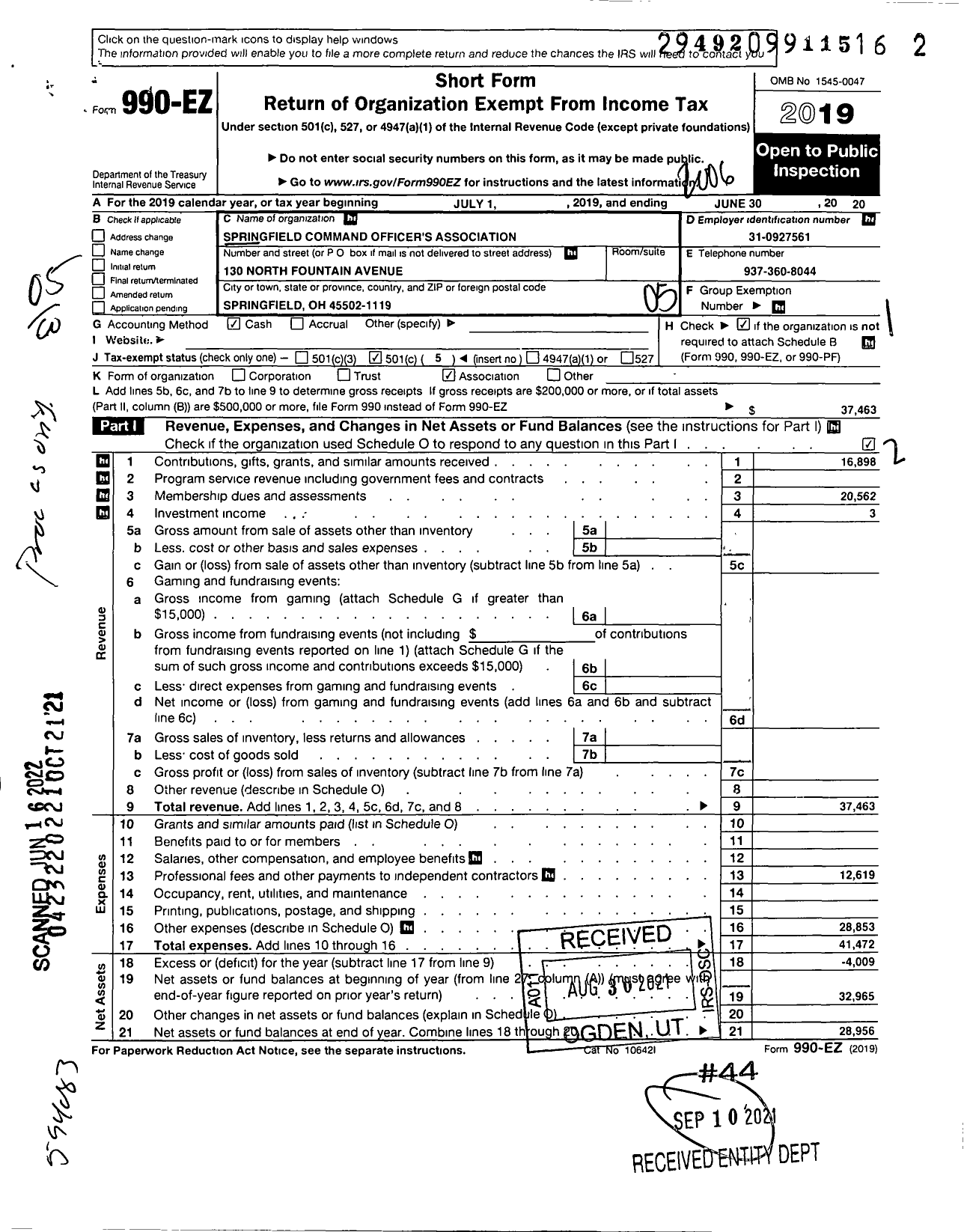 Image of first page of 2019 Form 990EO for Springfield Command Officer's Association