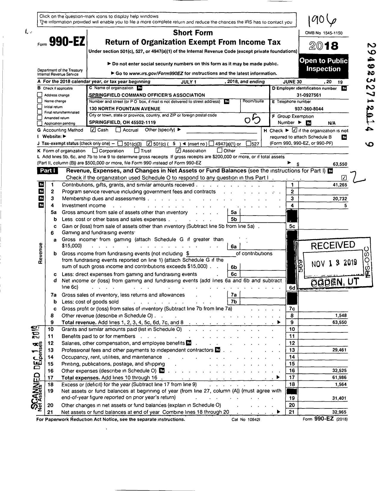 Image of first page of 2018 Form 990EO for Springfield Command Officer's Association