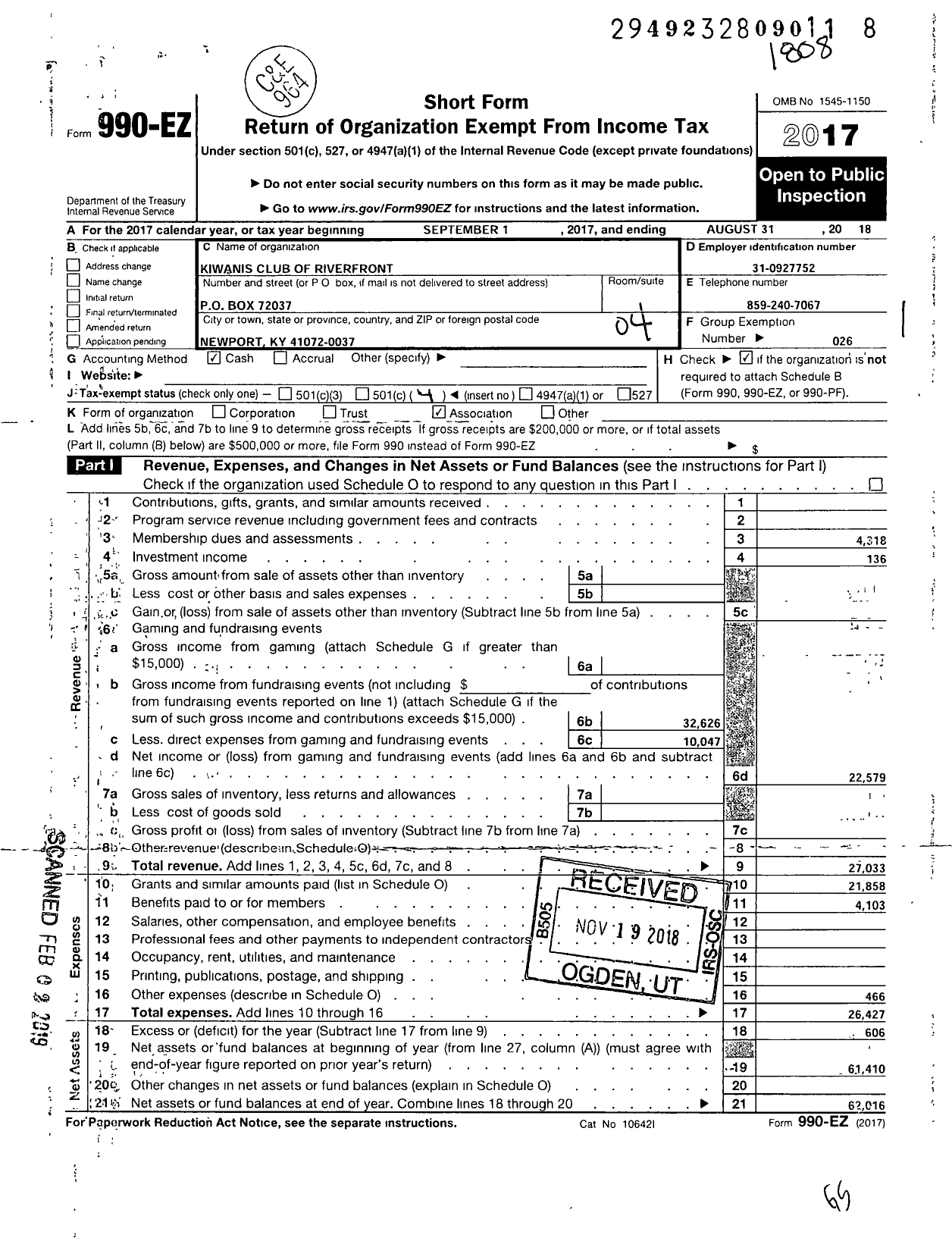 Image of first page of 2017 Form 990EO for Kiwanis International - K05768 Riverfront Cincinnati