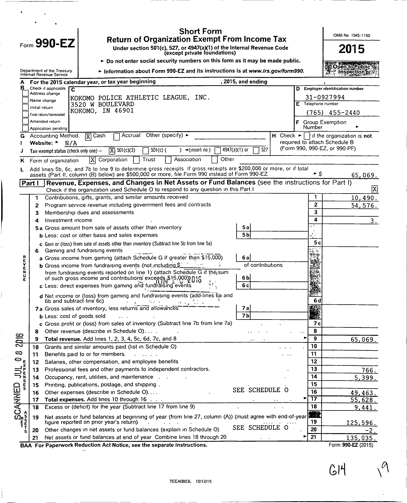Image of first page of 2015 Form 990EZ for Kokomo Police Athletic League