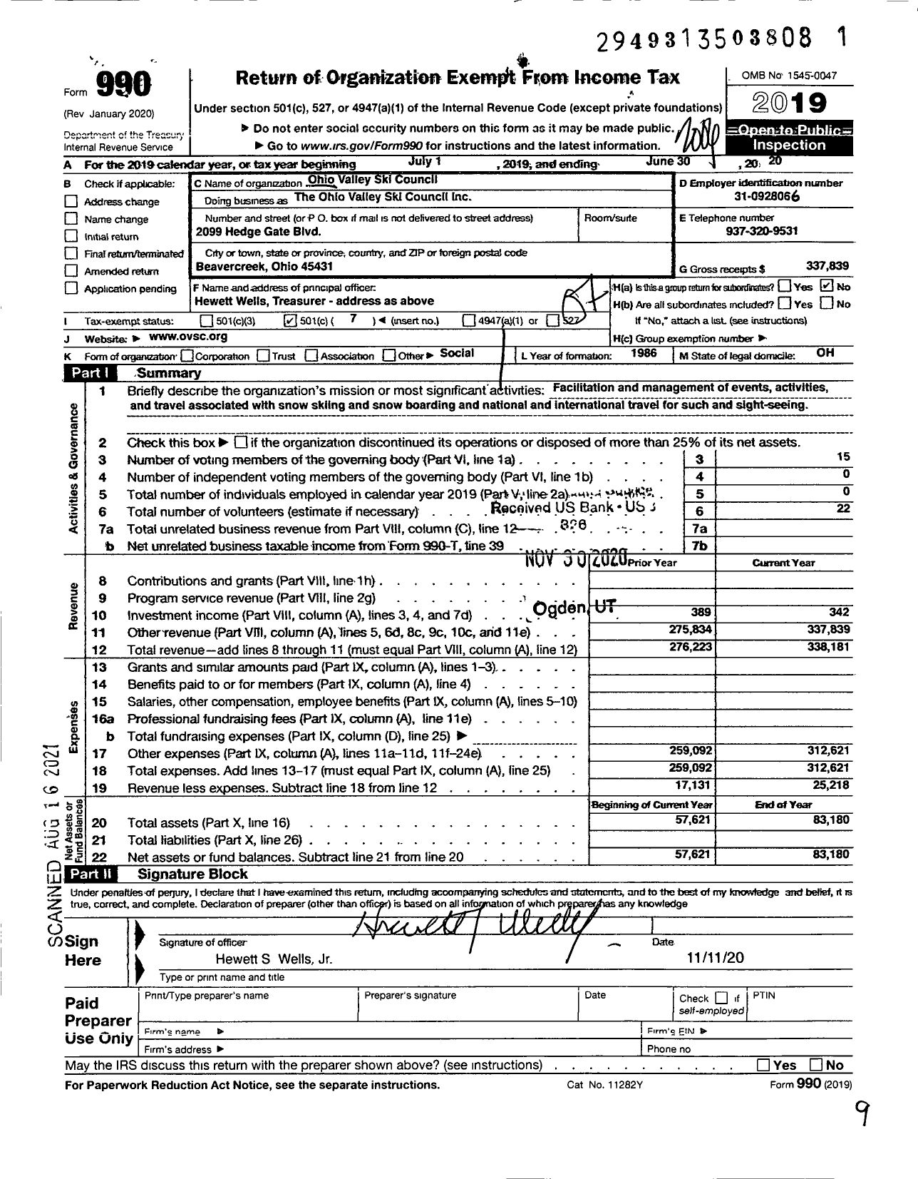 Image of first page of 2019 Form 990O for Ohio Valley Ski Council