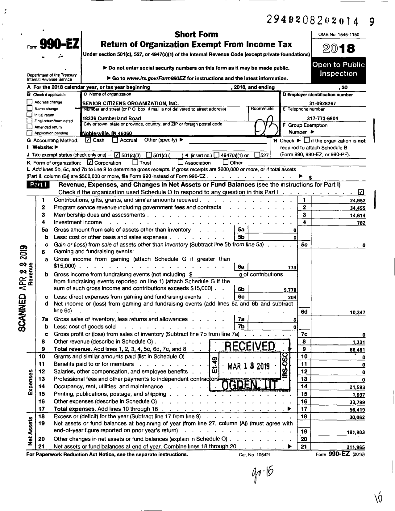 Image of first page of 2018 Form 990EZ for Senior Citizens Activity Center