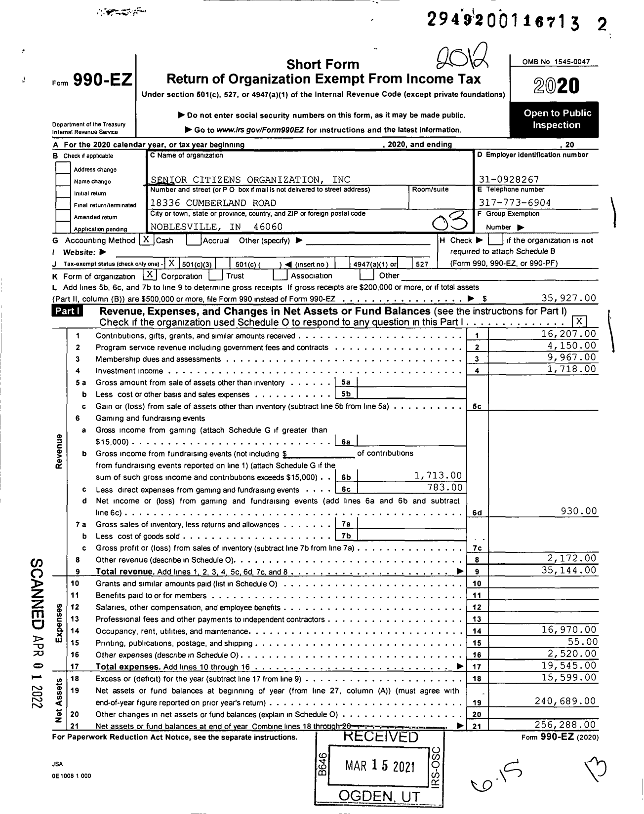 Image of first page of 2020 Form 990EZ for Senior Citizens Activity Center