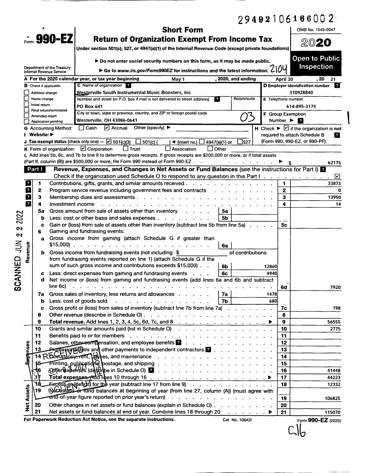 Image of first page of 2020 Form 990EZ for Westerville South High School Instrumental Music Boosters