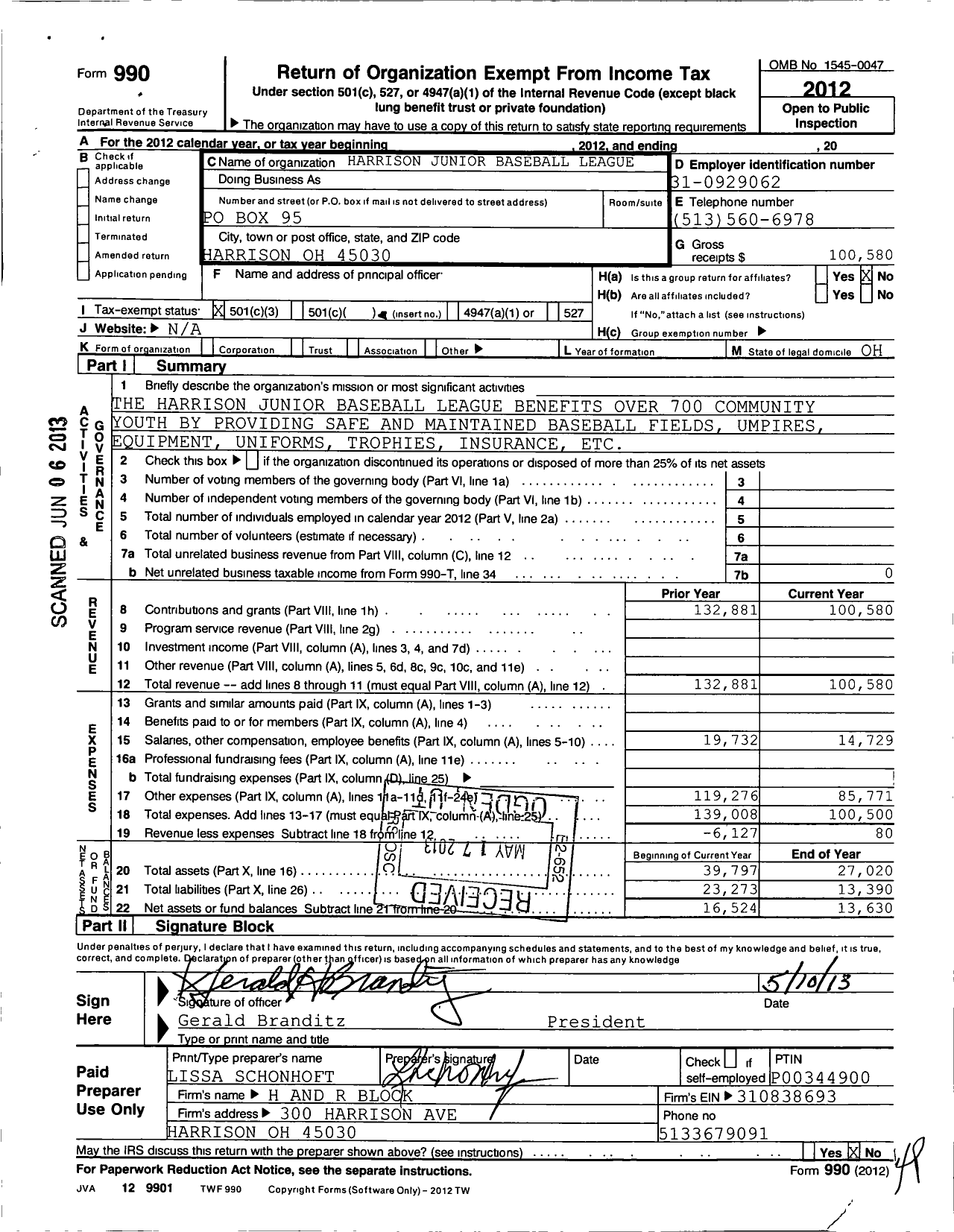 Image of first page of 2012 Form 990 for Harrison Junior Baseball League