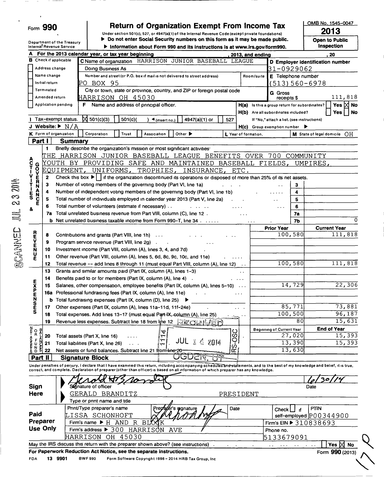 Image of first page of 2013 Form 990 for Harrison Junior Baseball League