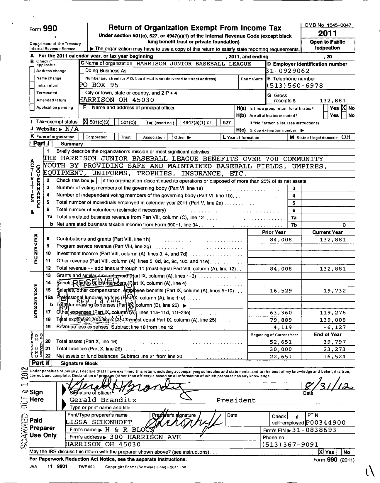 Image of first page of 2011 Form 990 for Harrison Junior Baseball League