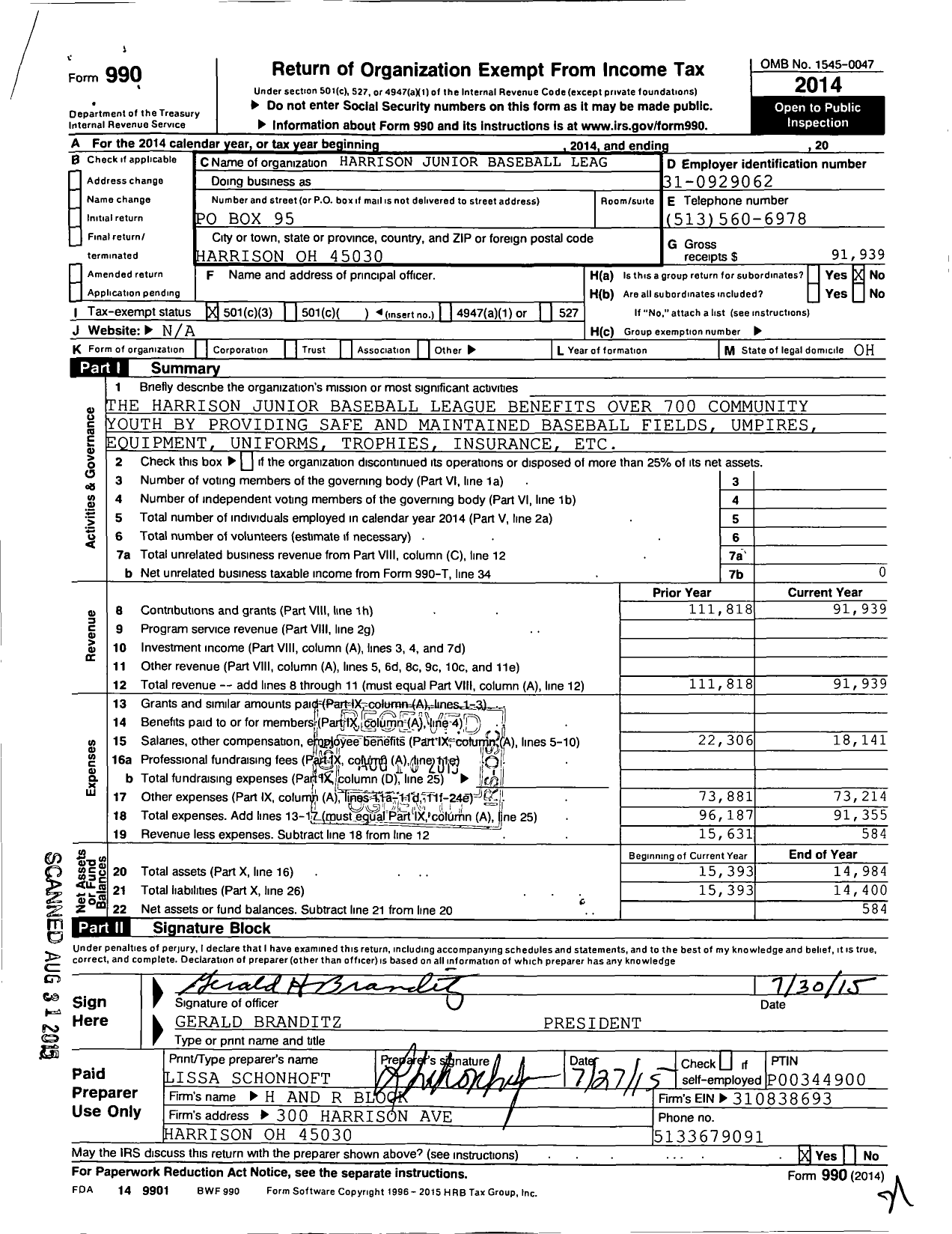 Image of first page of 2014 Form 990 for Harrison Junior Baseball League