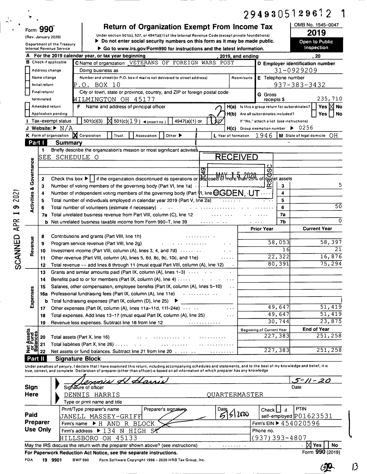 Image of first page of 2019 Form 990 for Ohio VFW - 6710 VFW Post