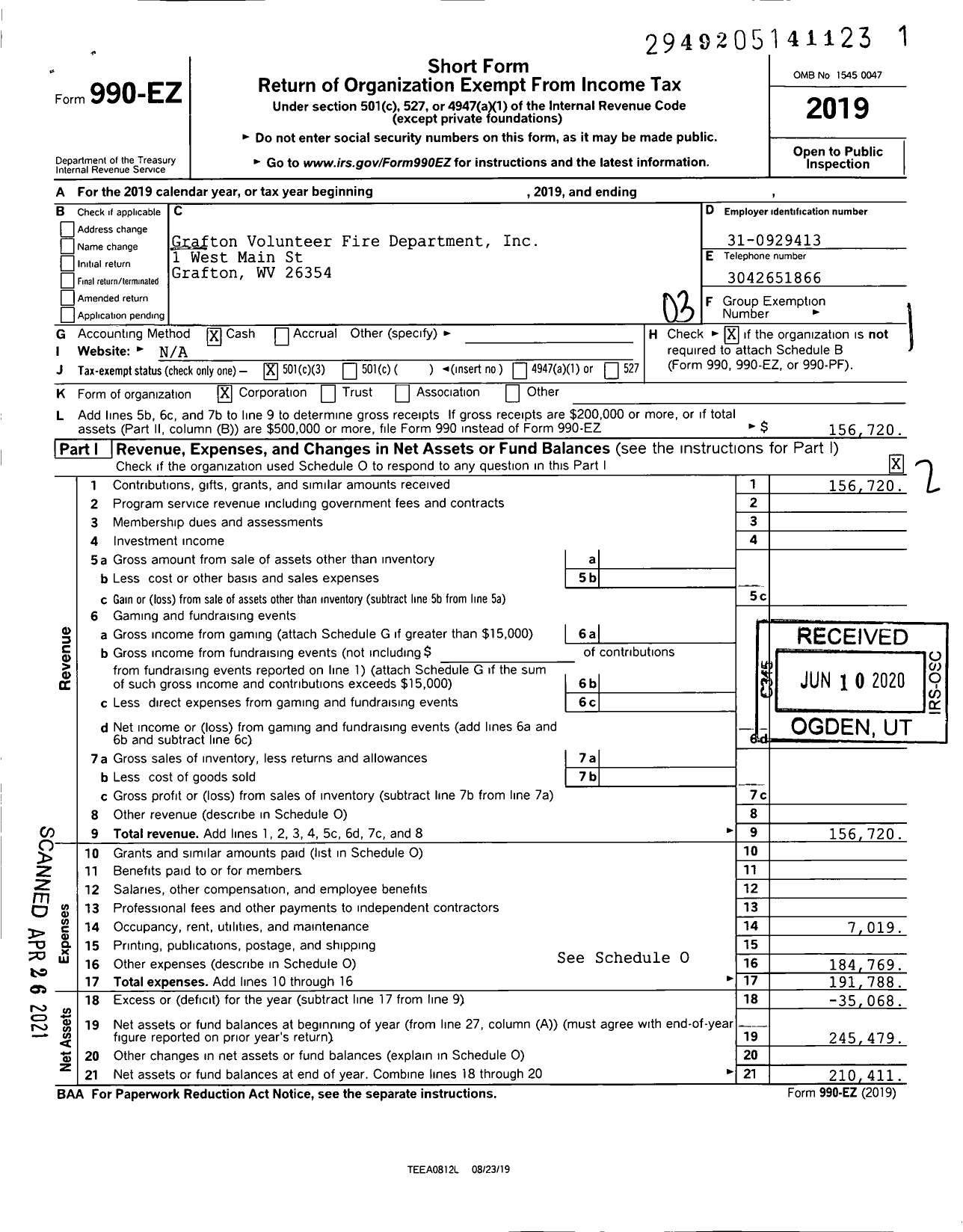 Image of first page of 2019 Form 990EZ for Grafton Volunteer Fire Department