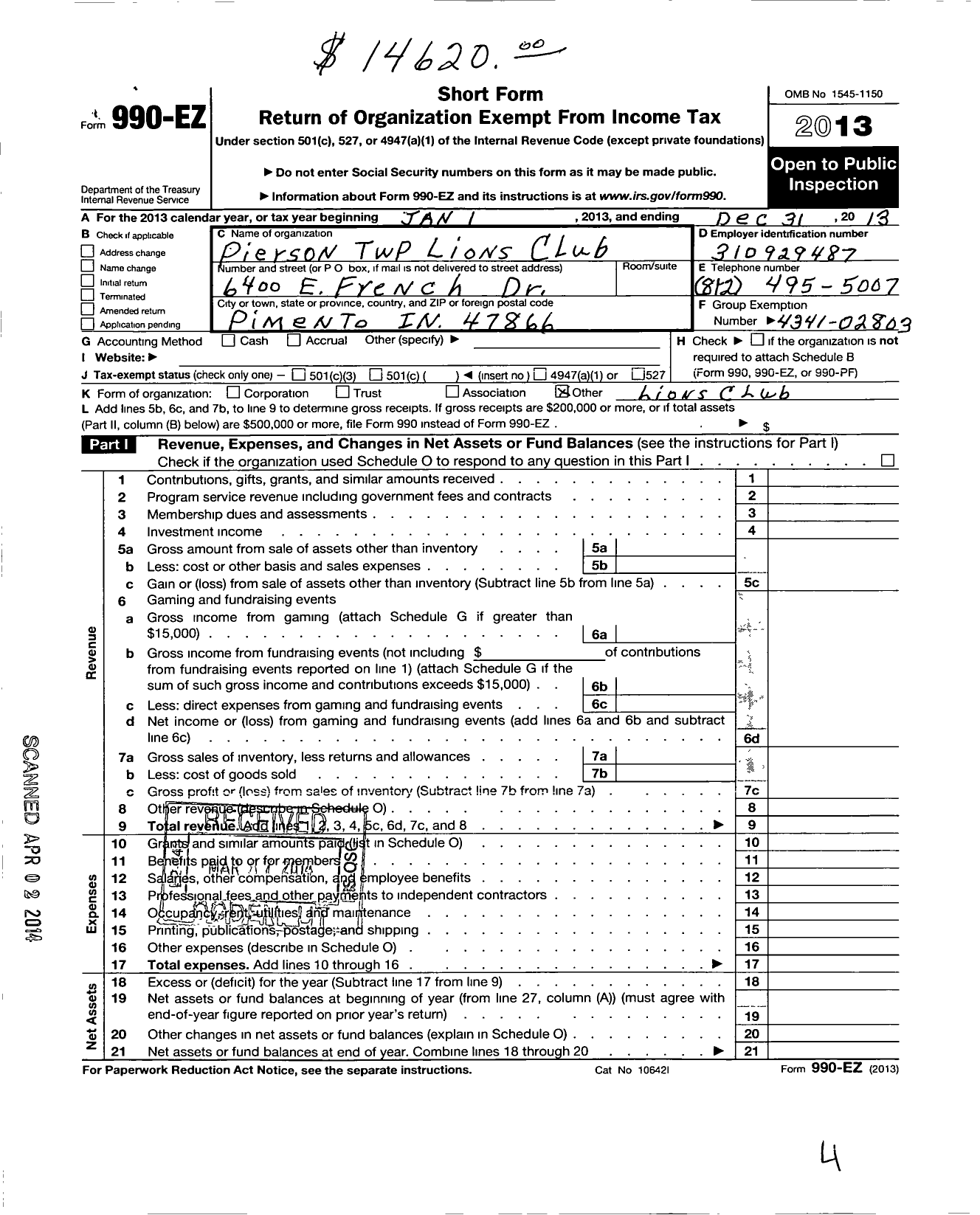 Image of first page of 2013 Form 990EO for International Association of Lions Clubs / 9691 Pierson Township