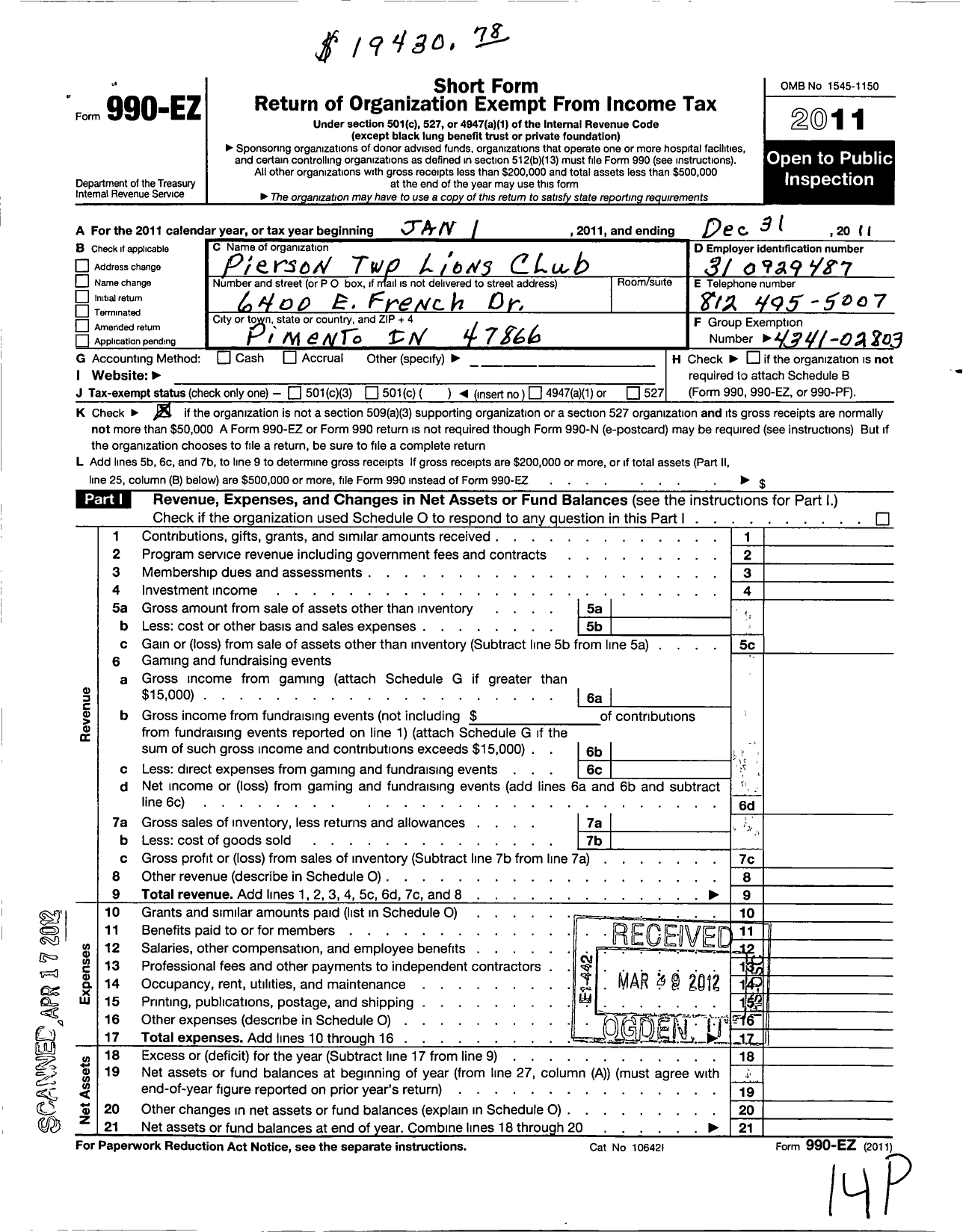 Image of first page of 2011 Form 990EO for International Association of Lions Clubs / 9691 Pierson Township