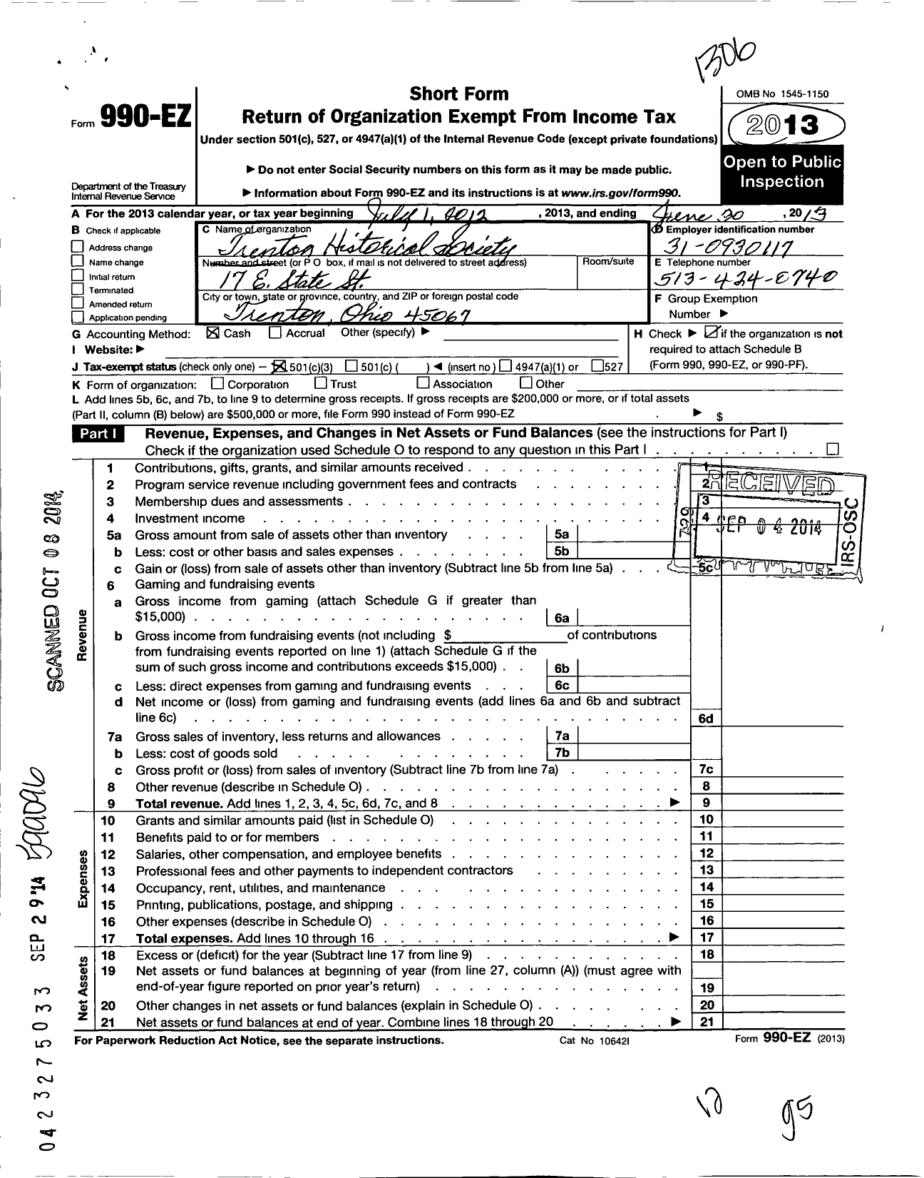 Image of first page of 2012 Form 990EZ for Trenton Historical Society