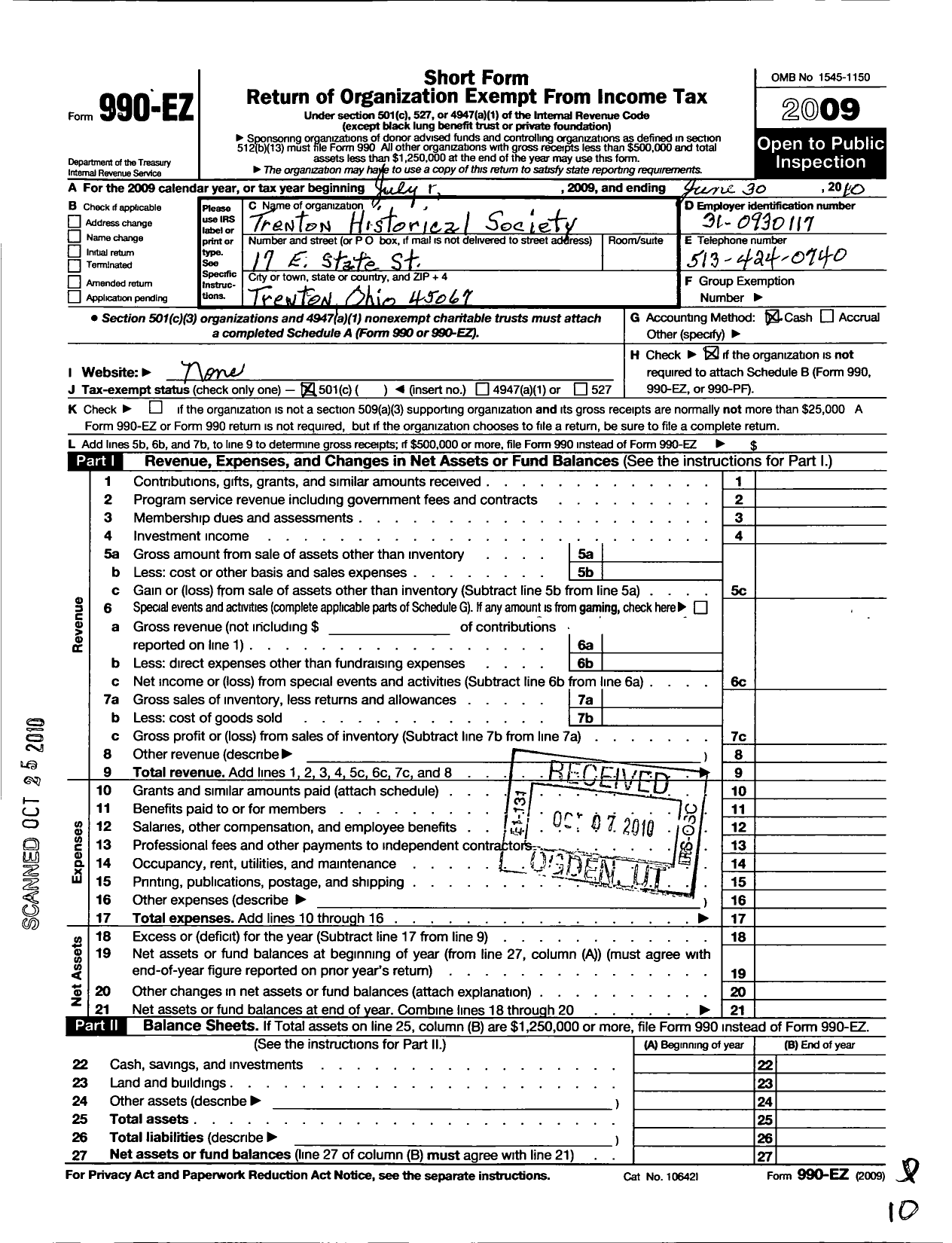 Image of first page of 2009 Form 990EO for Trenton Historical Society