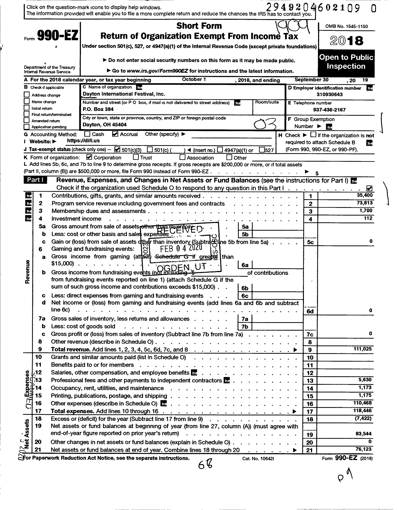 Image of first page of 2018 Form 990EZ for Dayton International Festival