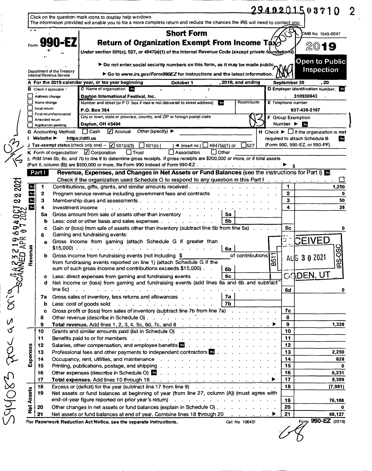 Image of first page of 2019 Form 990EZ for Dayton International Festival