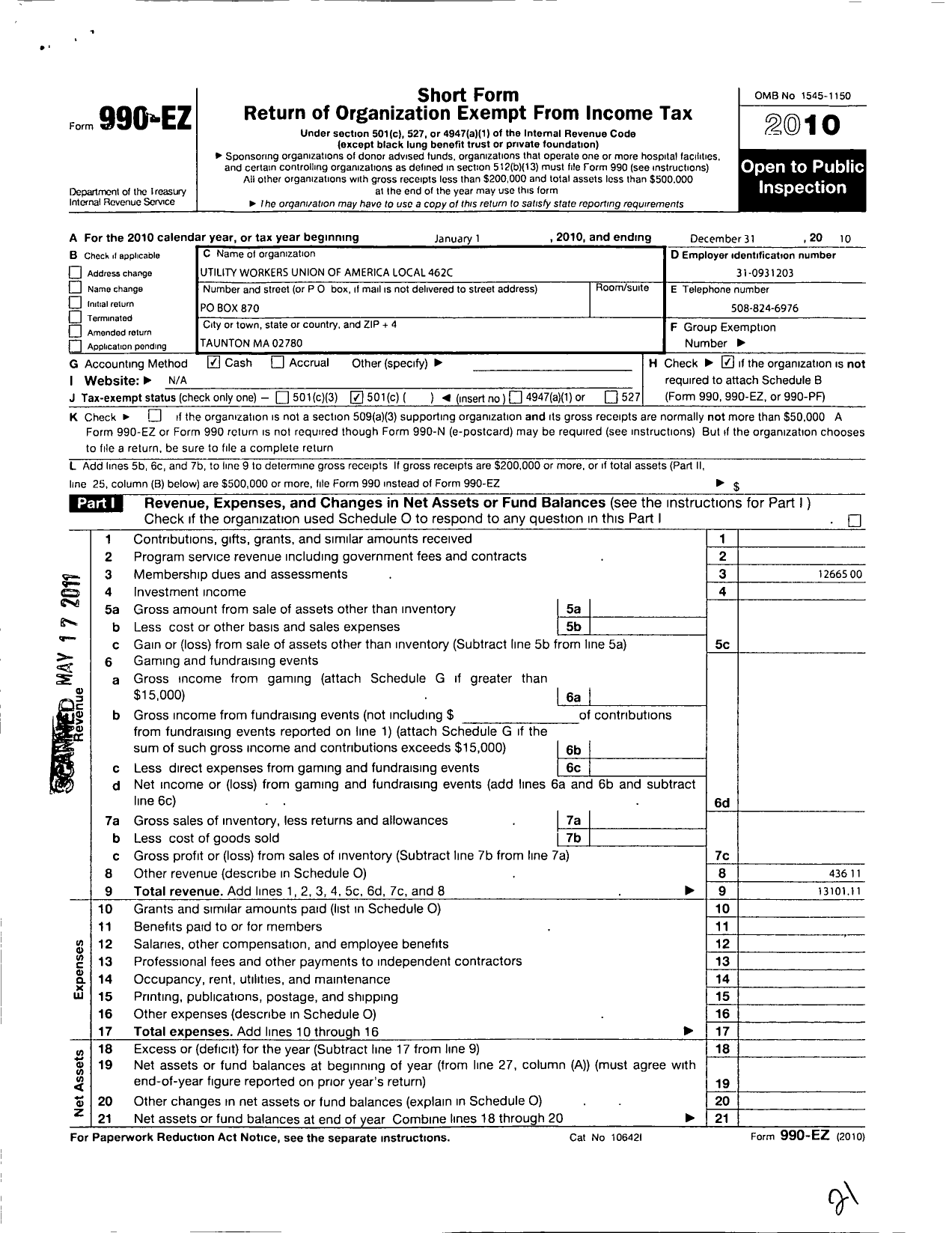 Image of first page of 2010 Form 990EO for Utility Workers Union of America - 462-c